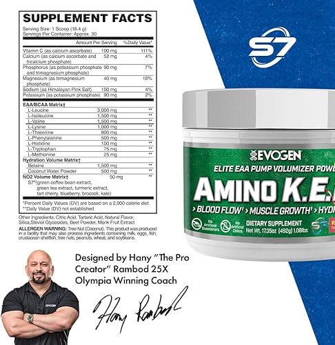 Miniatura 10 de Evogen Amino K.E.M. - Volumizador de bomba de polvo EAA y BCAA  Suplemento de aminoácidos BCAA para flujo sanguíneo, crecimiento muscular e