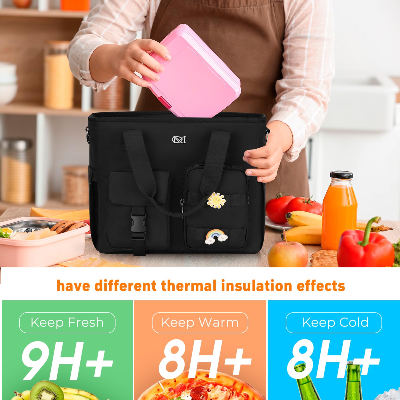 Grand sac à déjeuner isotherme pour homme et femme, étanche, réutilisable, avec bandoulière, sac isotherme multi-poches pour le travail, l'école, le pique-nique, la randonnée, la plage, le
