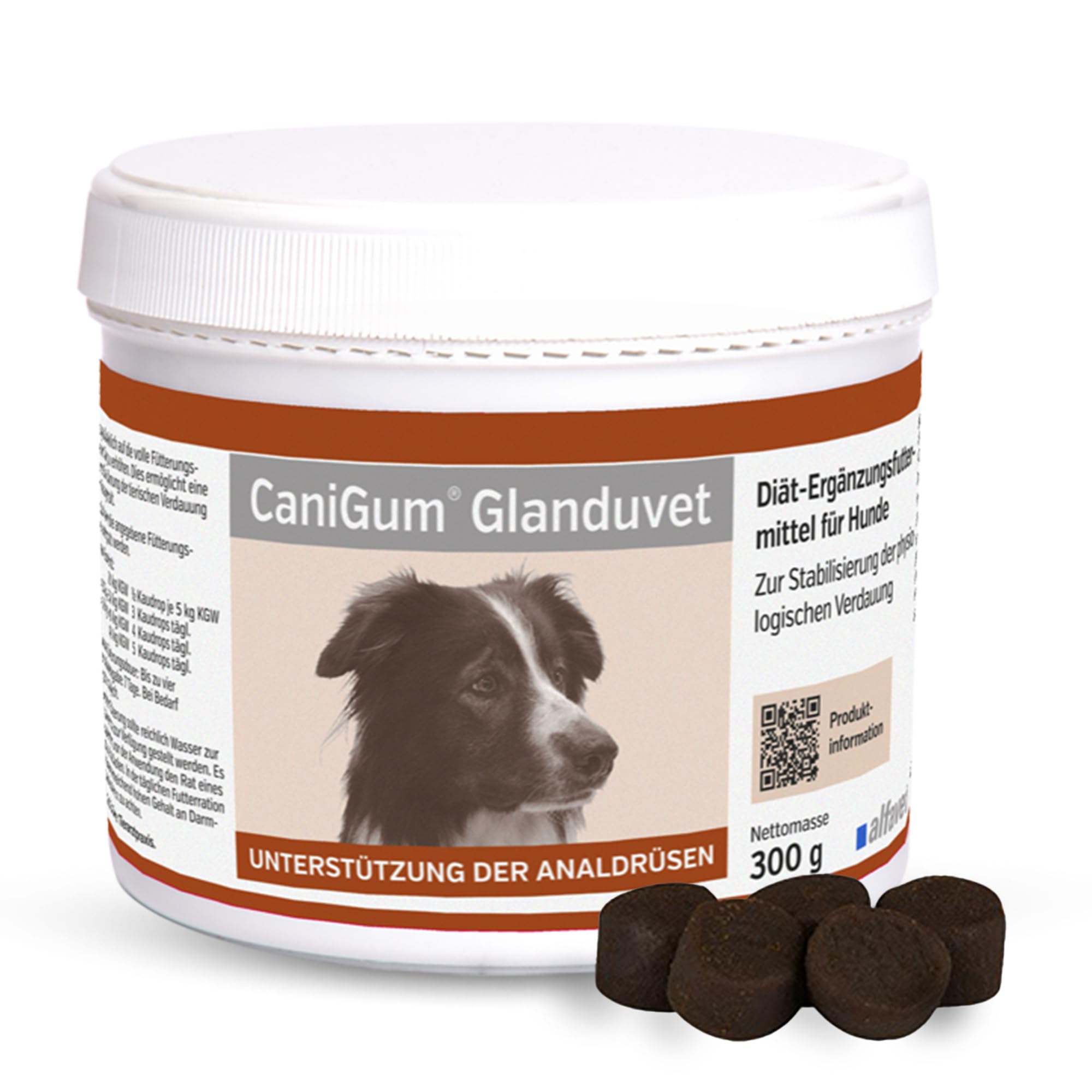 alfavet CaniGum Glanduvet, Kaudrops für Hunde bei Analdrüsenverstopfung, unterstützt Kotqualität und Darmwohl, Diät-Ergänzungsfuttermittel, Analdrüsenkur für Hunde 300 g