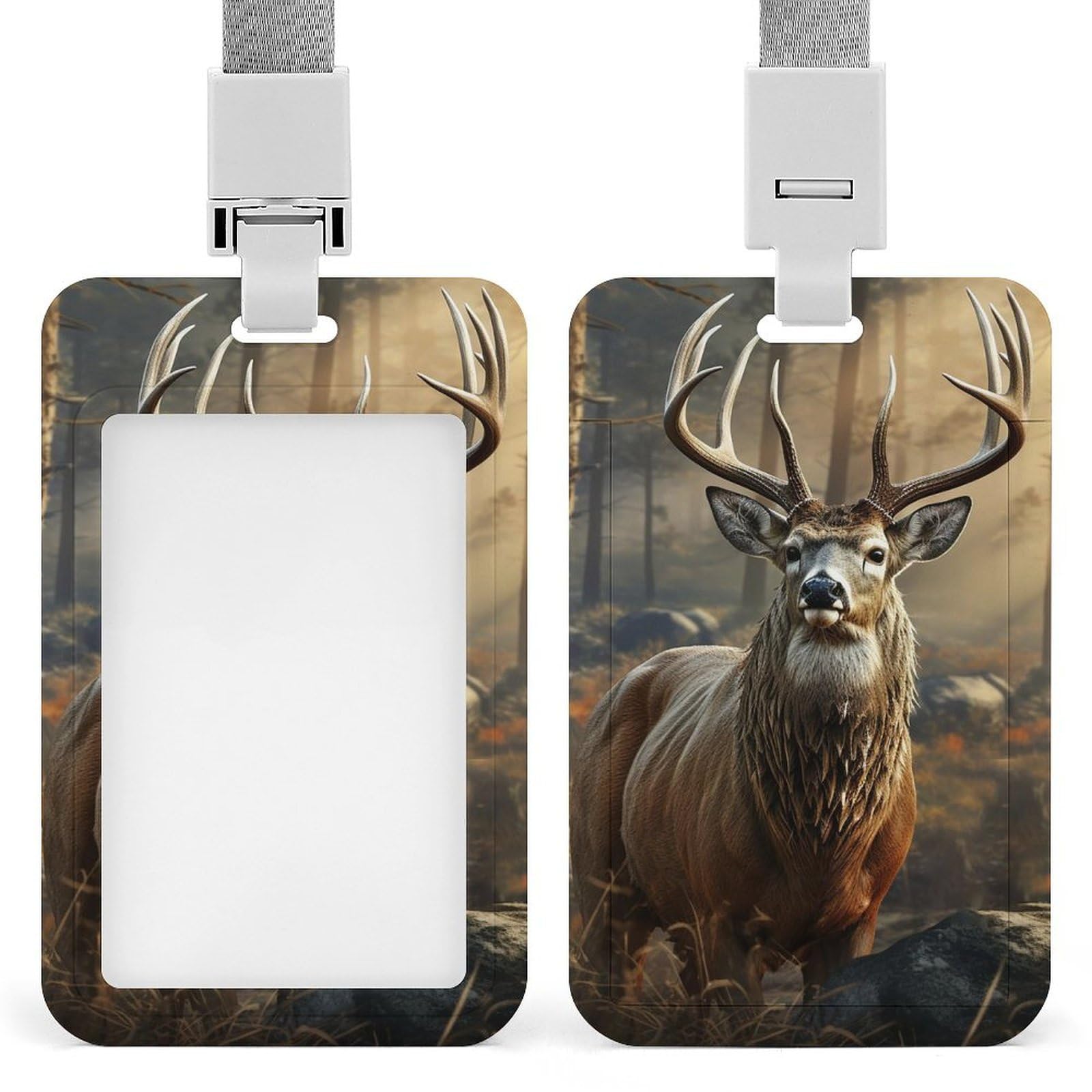 ID Card Holders for Lanyard,Deer Hunting Season Printed Badge Holder with Clear Window,Plastic Vertical Bus Pass Holders for Work Teacher Nurse Employees Proximity Key Cards Women Men