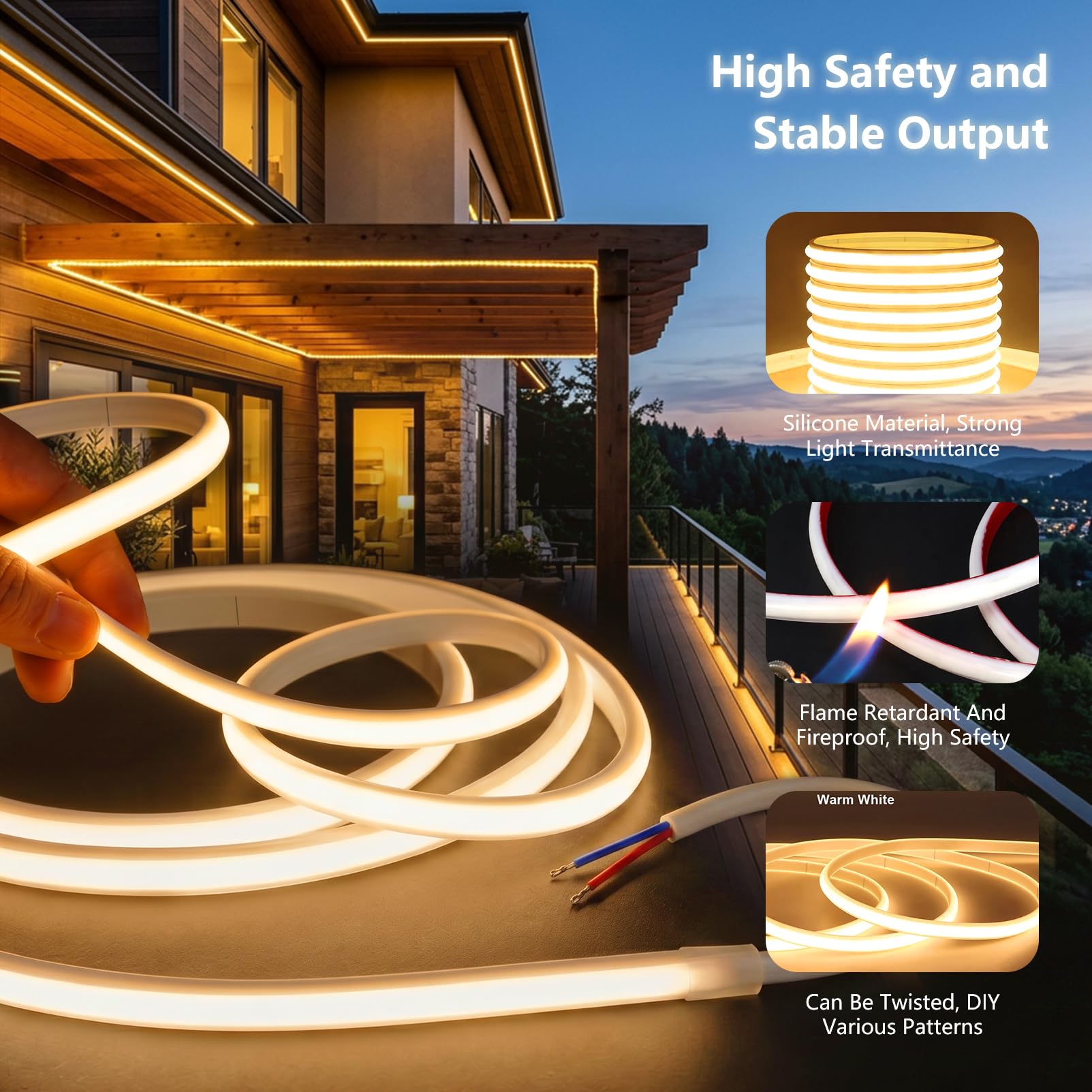 20m COB Tira de Luces LED 220V Adhesiva Exterior Sin Enchufe | Silicona Blanco Neutra 4000K Tiras Led Luz Impermeable IP65 Fita Led Strip Neón Flexible Para Habitacion, Interior, Exterior