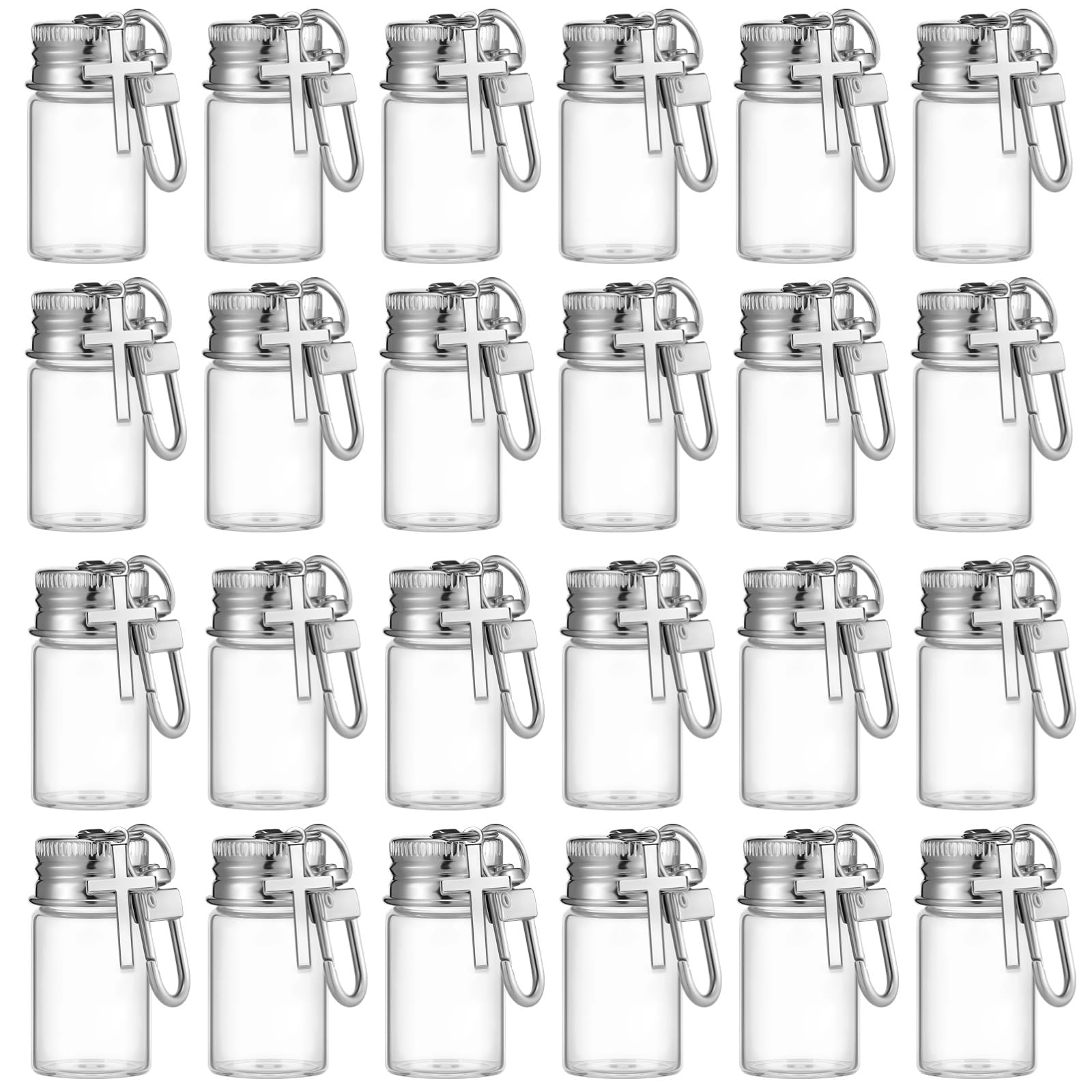 30 Stk. Kreuz-Schlüsselanhänger-Fläschchen, 7 ml Mini-Glasampullen mit Metallkappen, DIY-Wunschflaschen, Behälter für Weihwasser, passend für Andenken, Kommuniongeschenke und Souvenirs