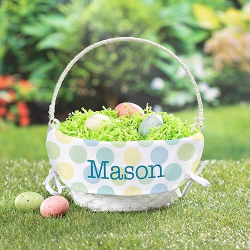 Miniatura 2 de Cesta de huevos de Pascua personalizada para él con asa y nombre personalizado, forros de cesta de Pascua de lunares, cesta blanca, cestas de Pascua