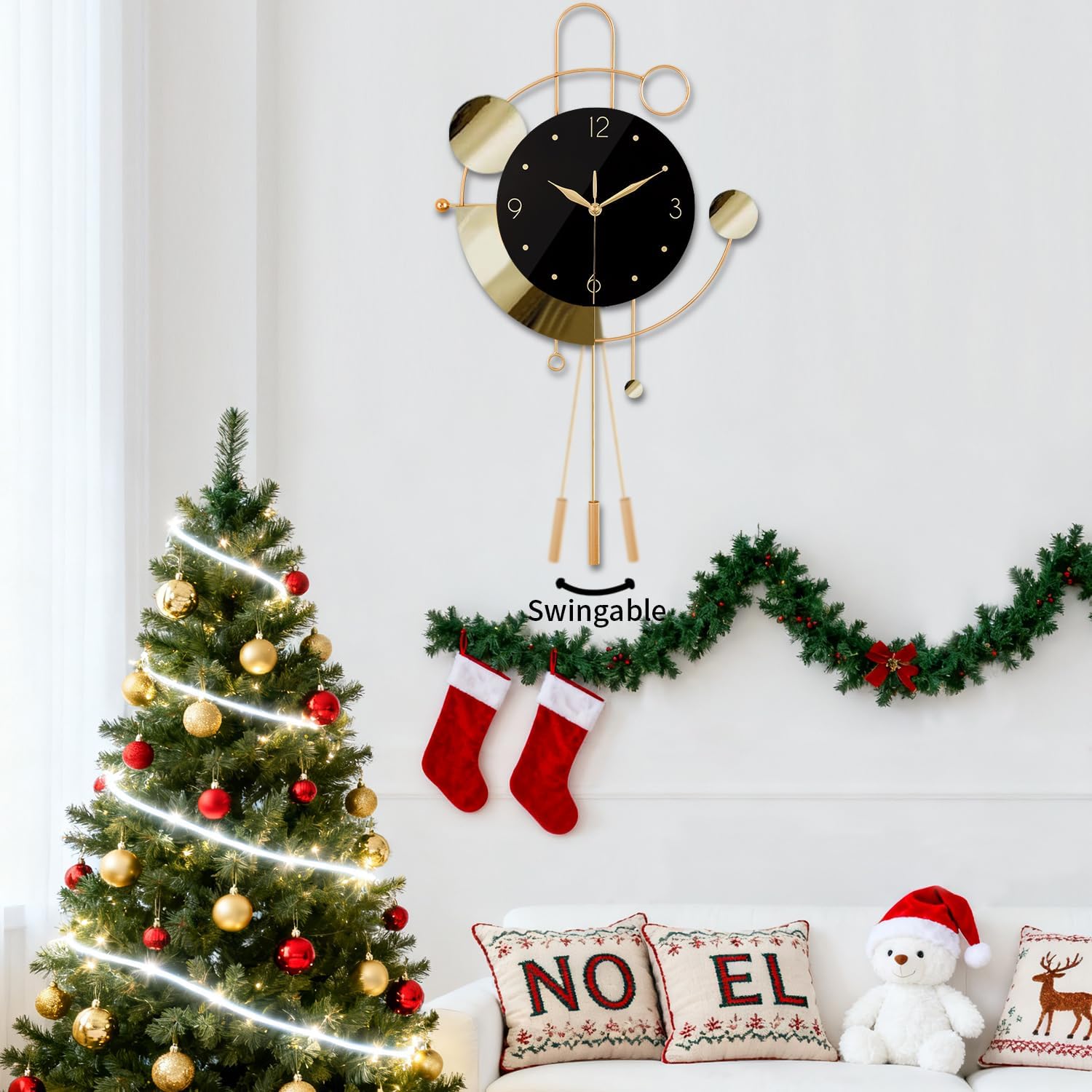 SIN&MI Wall Clock with Pendulum,Silent Non Ticking Battery Operated Modern Large Wall Clocks for Living Room Bedroom Farmhouse Office Kitchen Home Wall Decor-13.3 * 22.4 Inch(Golden)