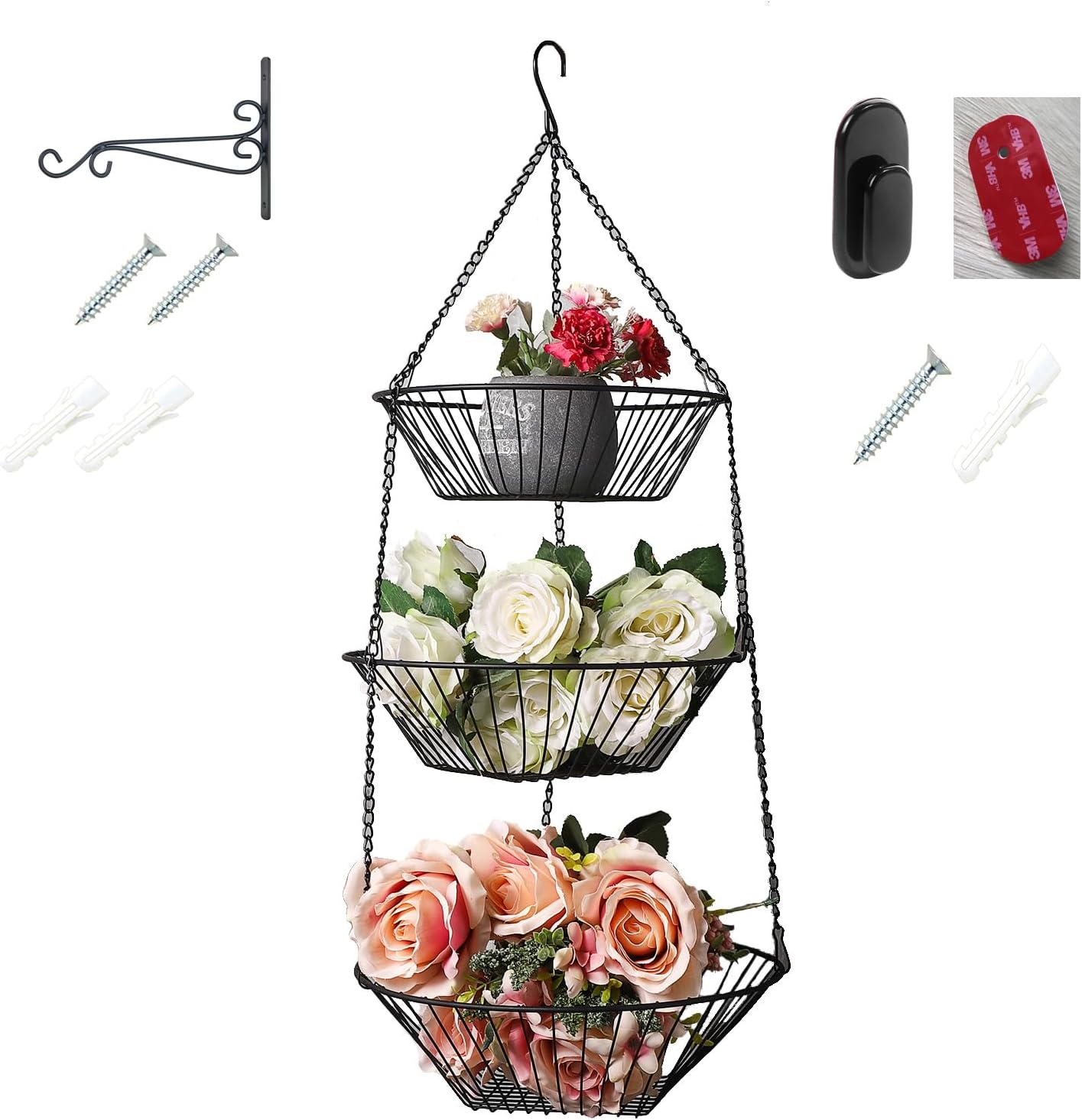 JUNCHU CHERRY 3-Tier Wire Fruit Hanging Basket, Kitchen Bathroom Storage Organization Basket, 3M Seamless Sticker and S Wall Hook, Suitable for Bathroom, Kitchen, Wardrobe, Garden, Black (S Black)