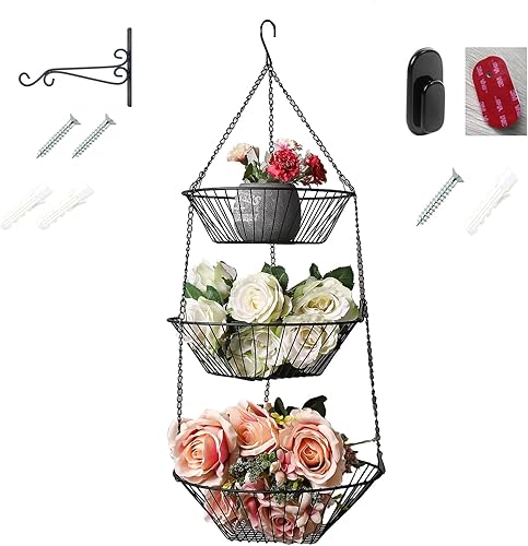 Miniatura 10 de Cesta de almacenamiento de alambre de cocina de 3 niveles, cesta colgante de almacenamiento de frutas, paquete de 2