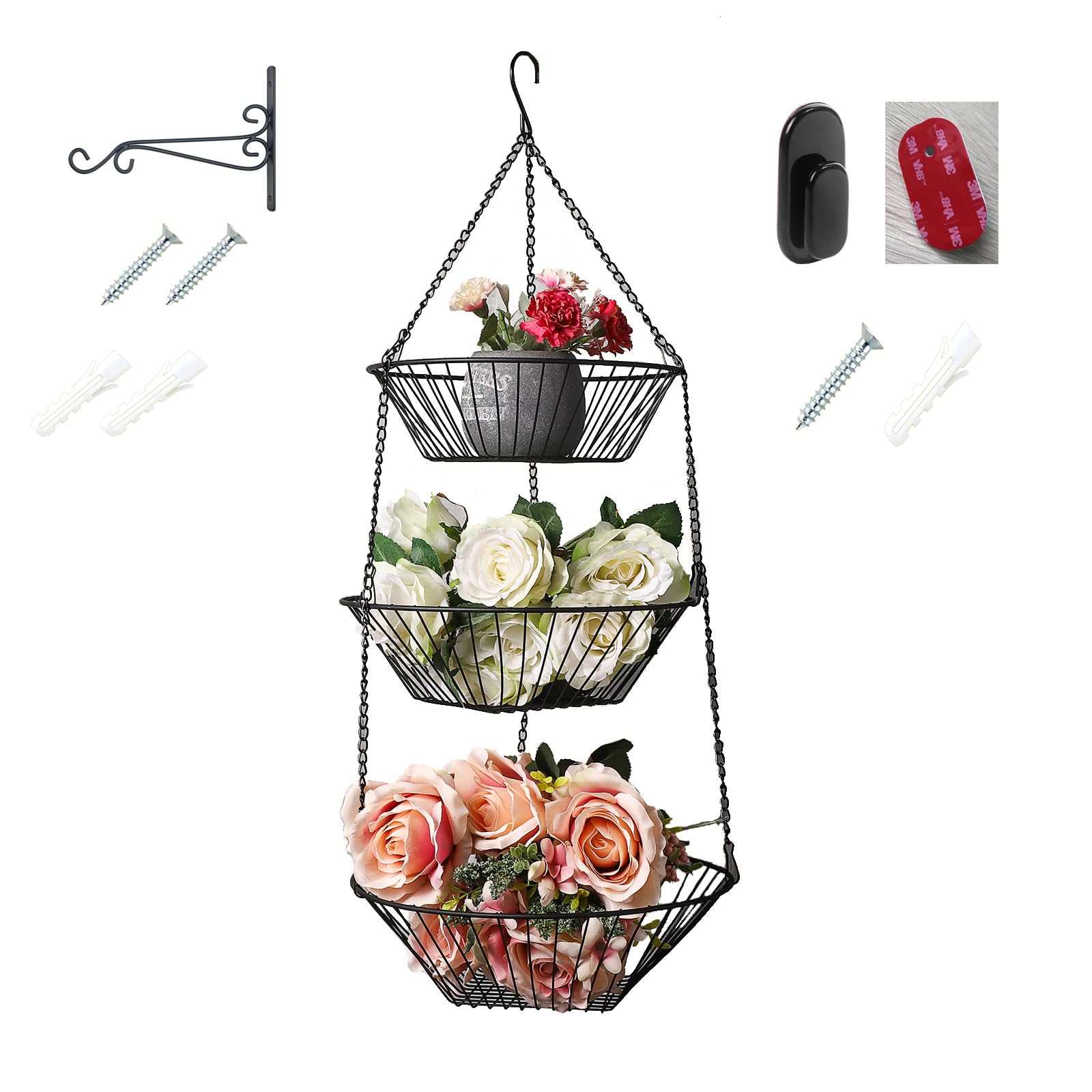 Cesta colgante de frutas de alambre de 3 niveles, cesta organizadora de almacenamiento de cocina, calcomanía sin costuras 3M y gancho de pared en S, adecuada para baño, cocina, armario