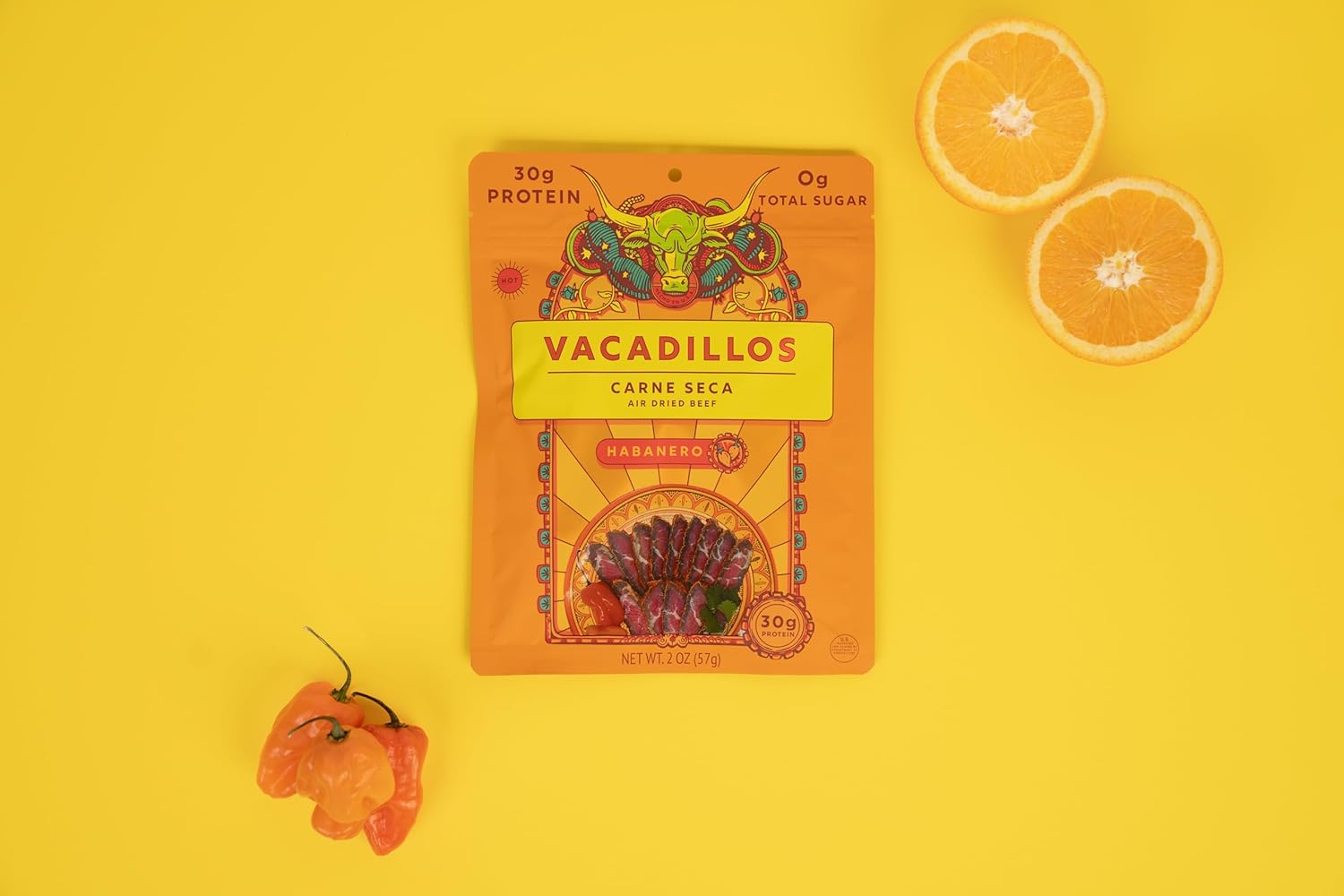 Vacadillos - High Protein Carne Seca | 30g Protein, Sugar Free, Carbs Free, Gluten Free, Dairy Free, Keto & Paleo Friendly | Mexican Inspired Beef Jerky Snack | Habanero, Pack Of 4