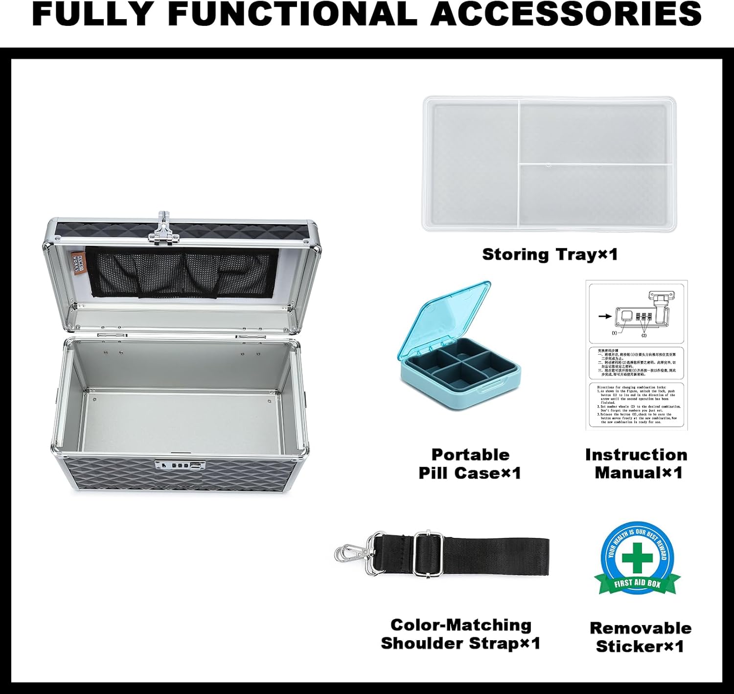 Storage Lock Box with Combination Lock, Lockable Medicine Storage Box, Empty First Aid Box, Security Lock Box, Multipurpose Locking Box for Home and Outdoor Use (Black, Large)