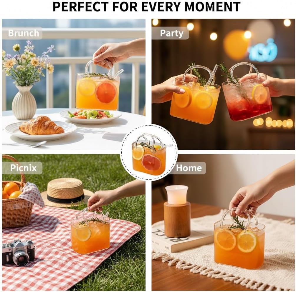Glass Purse for Drinks, Unique Handbag-Shaped Purse Glasses, Creative Bag Shape Drinking Cup with Glass Straw, Cocktail Wine Glasses Vase for Juice Tea Flowers Home Bar Party Decor