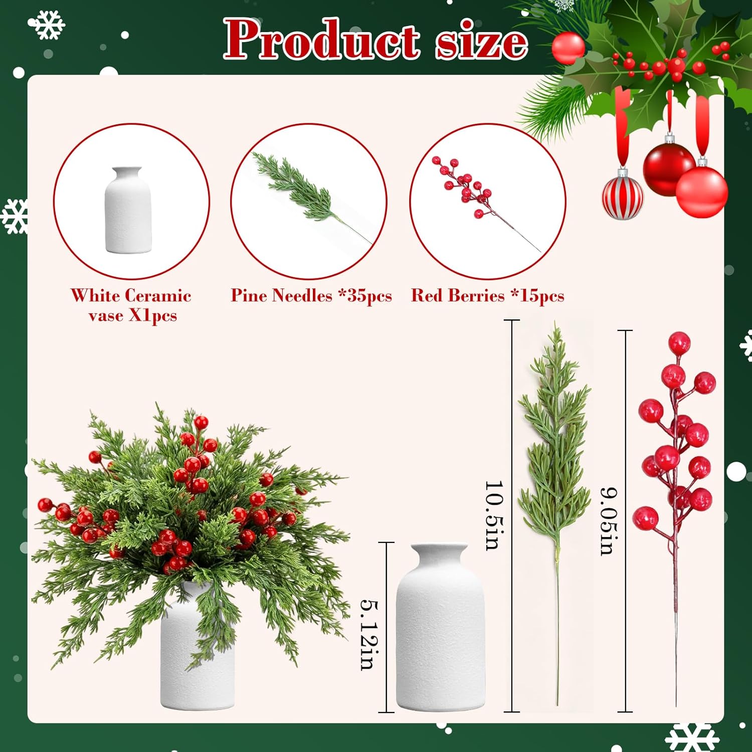 CloudValley 50pcs Artificial Christmas Flowers with a Vase, Red Berry Stems & Faux Norfolk Pine Garland Branches, Evergreen Picks Suitable for DIY Christmas Trees, Winter Home Holiday Decor