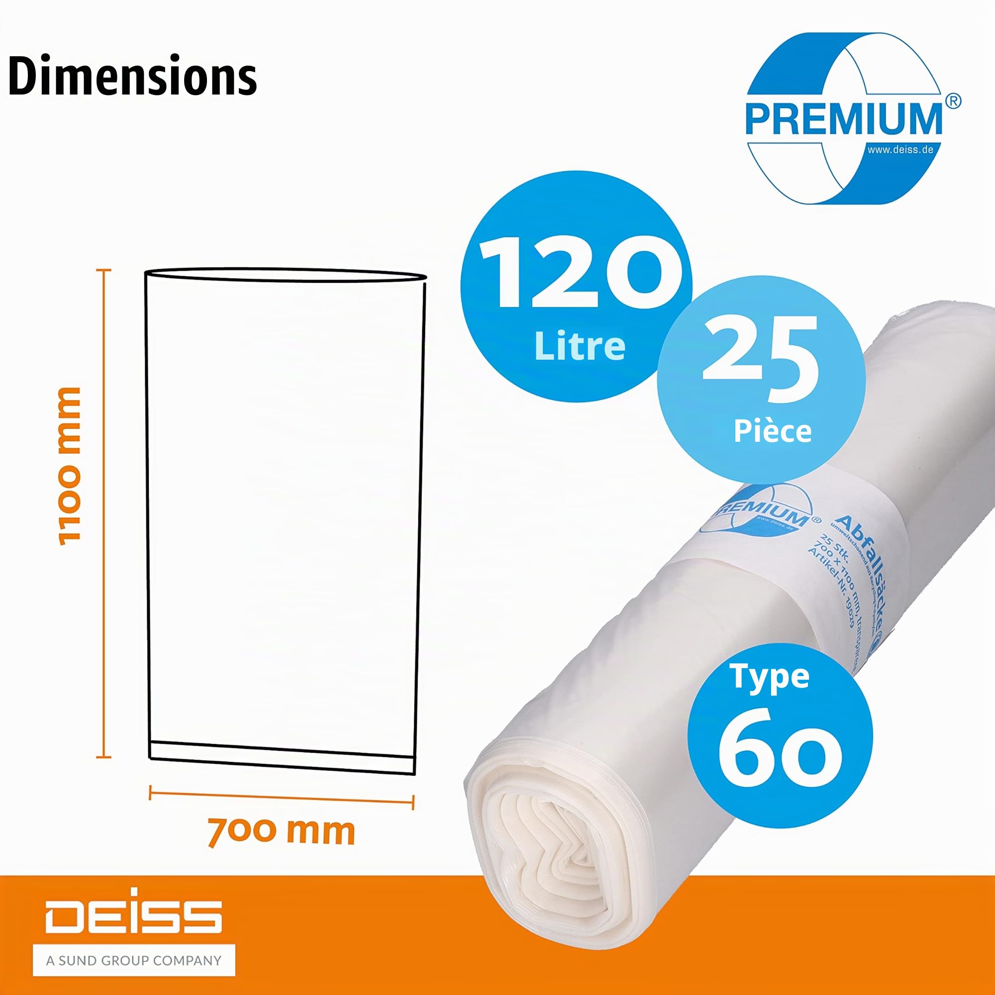 Sacs poubelle DEISS Premium, Blanc ou transparent, 70 ou 120 l, 120 Liter - Typ 60, transparent, 1