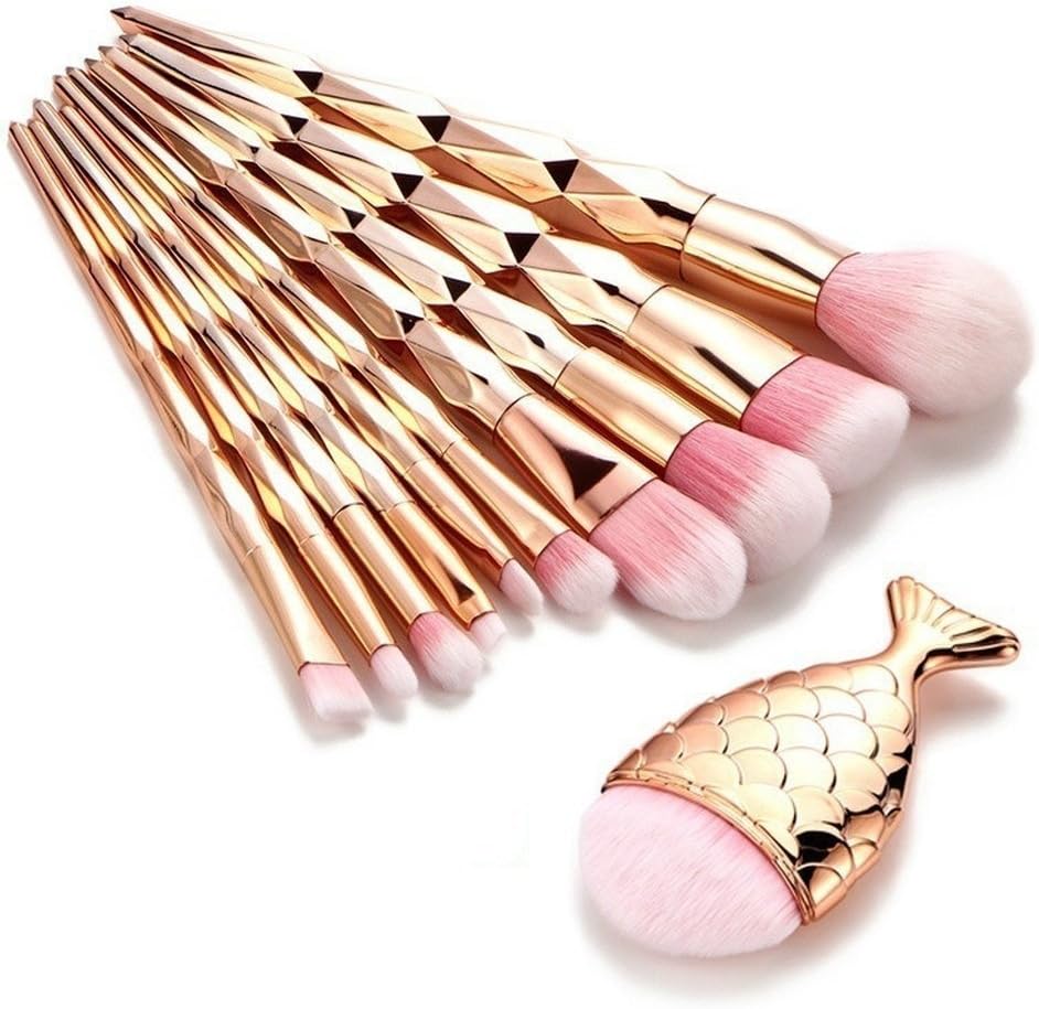 11 pcs Trendy Mermaid Unicorn Horn Makeup Brush Set Big Fish Tail Foundation Powder Face Eyeshadow Make-up Brushes Women Beauty Cosmetic Tools