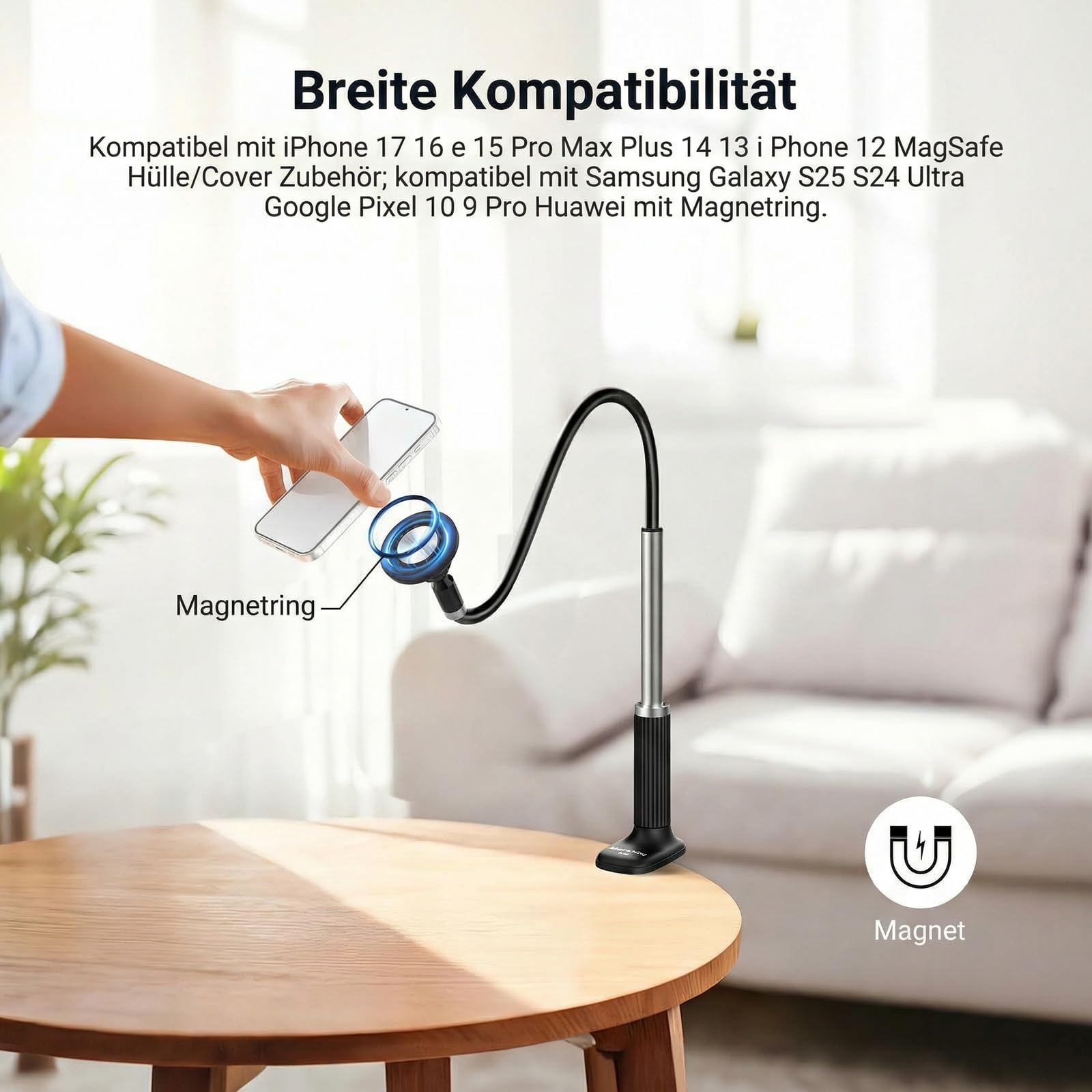 NEEWER Basics Handy Halterung magnetischer Schwanenhals Tisch Bett, 360° Overhead Phone Halter Klemme mit Flexible Lang Arm Handy Ständer, kompatibel mit MagSafe iPhone Android Samsung, PA151 Schwarz