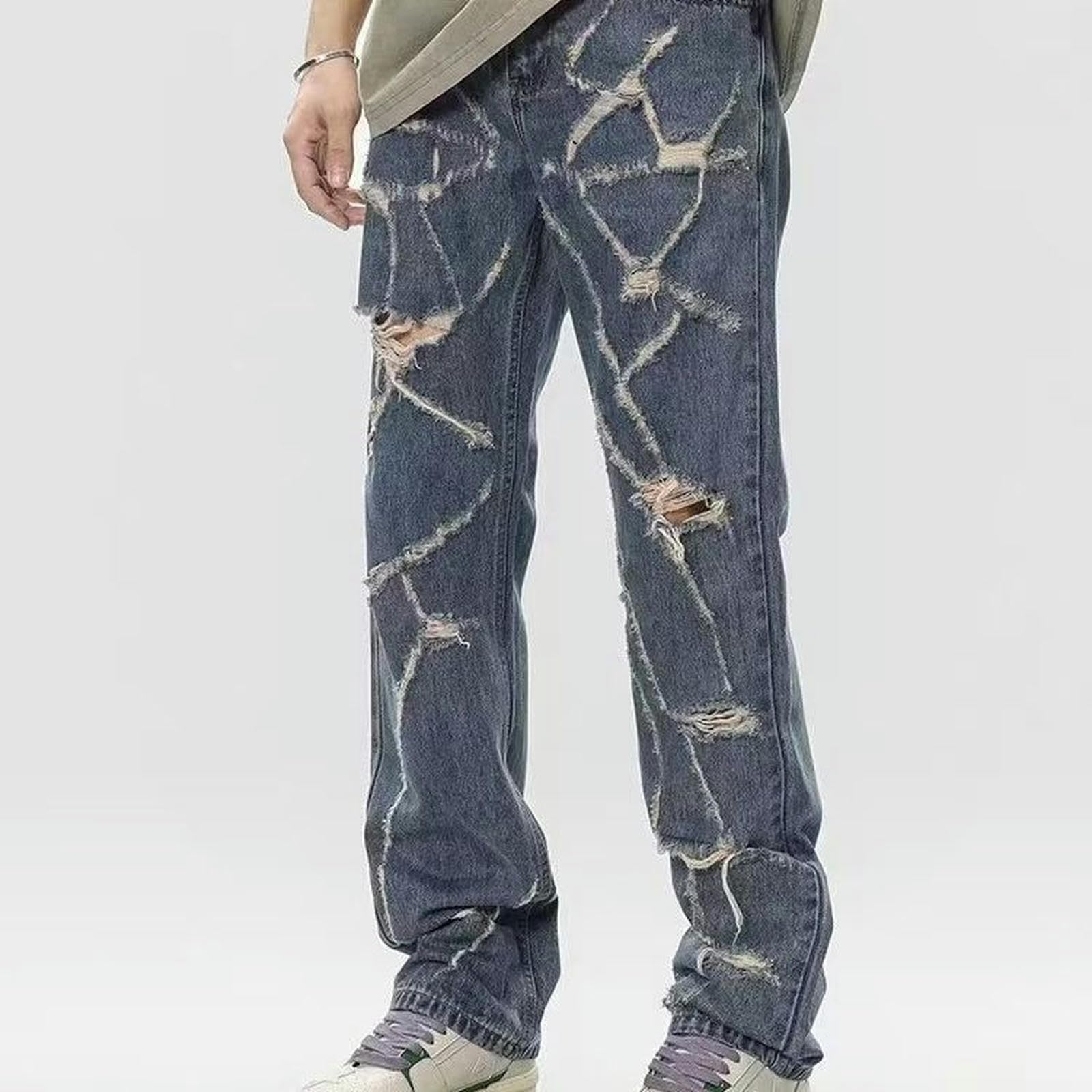 Jeans Casual Larghi e Dritti High Street Washed Damaged - Blu - XXL