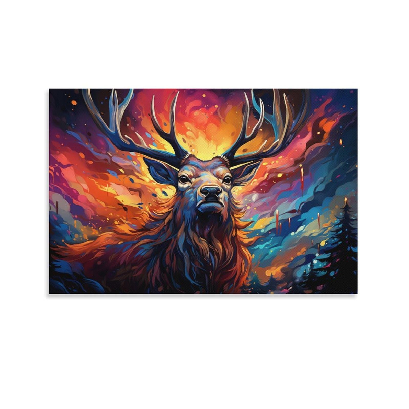 CPLVKWRQJ Bright Magical Colorful Individual Vibrant Deer Head Painting Wall Art Pieces - Office Canvas Print Fade Resistant Wall Focal Art Ready to Hang 08x12inch(20x30cm)