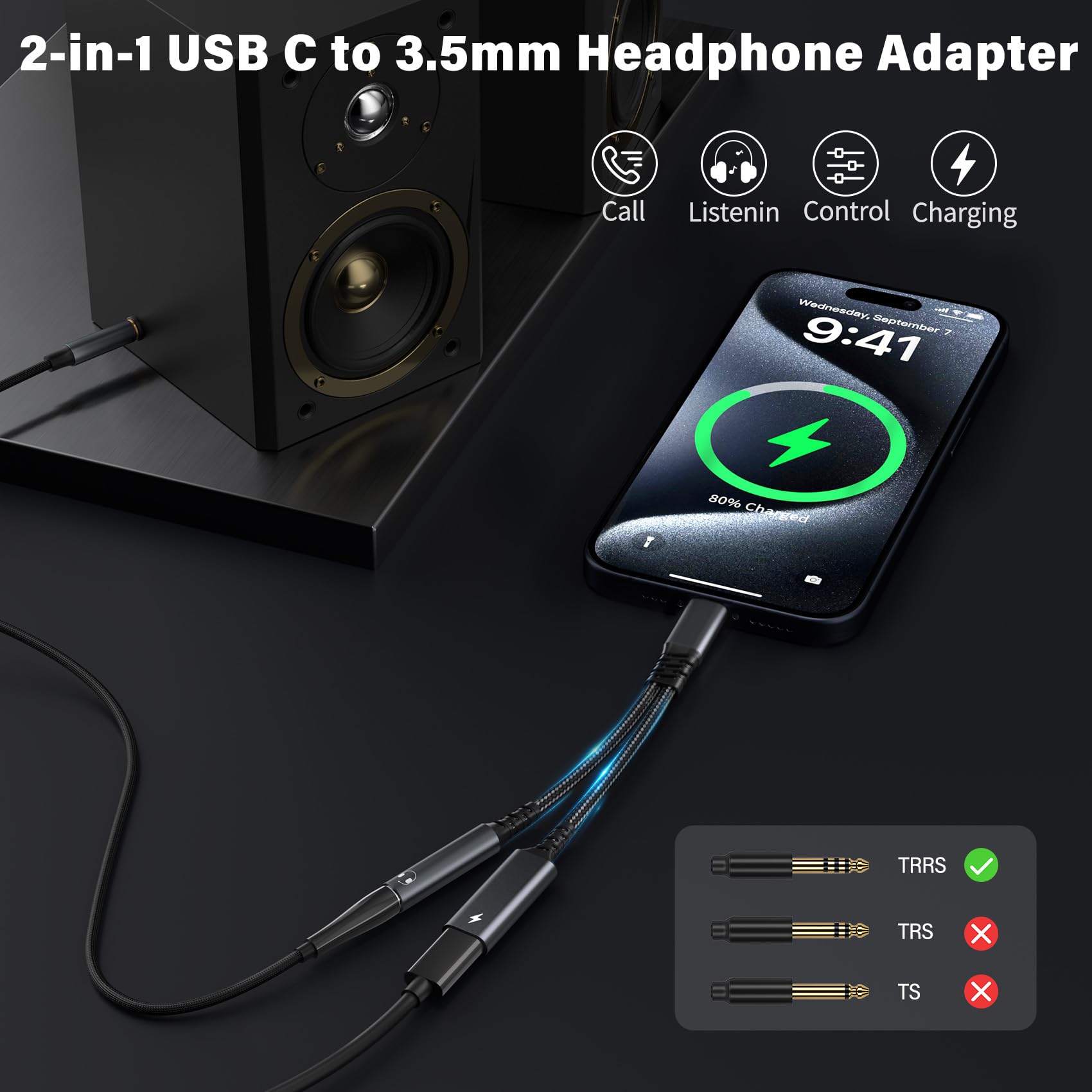 Adaptateur USB C vers Jack 3.5mm 2 en 1 Charge Rapide PD 60W Compatible iPhone 15 Pro Max Samsung S24 S23 Huawei