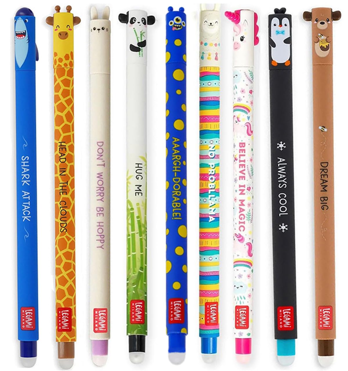 Legami Juego de 9 bolígrafos de gel borrables con nuevo set de bolígrafos monstruosos con tiburón, jirafa, conejo, panda, llama, unicornio, pingüino, osito de peluche y monstruo
