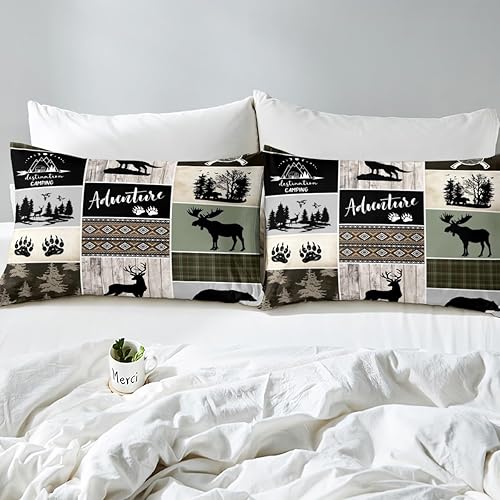 Miniatura 5 de Juego de funda de edredón para niños de aventura de camping, tamaño matrimonial, juego de ropa de cama de caza de ciervos, osos, lobo, animales y