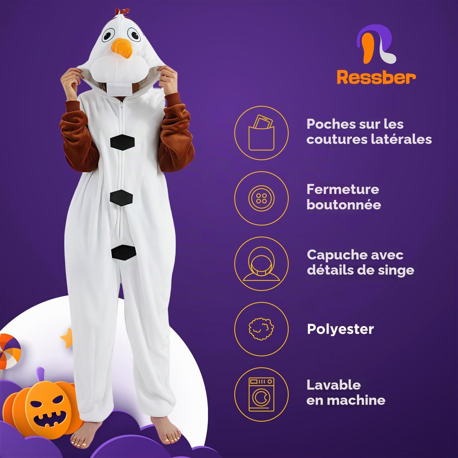 ressber Combinaison pyjama une pièce unisexe pour adulte, costume d'Halloween, vêtements de nuit de Noël