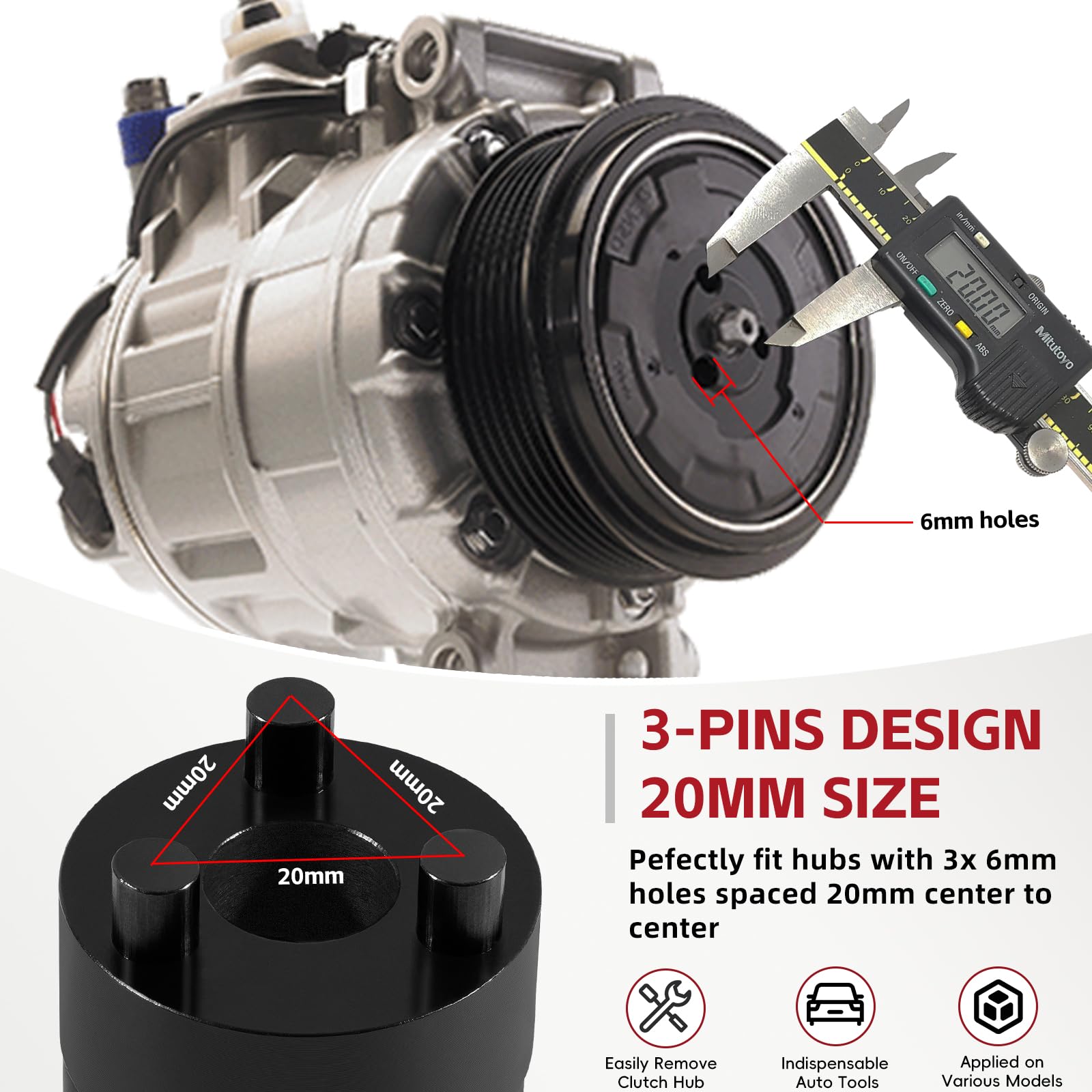 Outil de démontage de moyeu d'embrayage à compresseur A/C 20 mm pour moyeu d'entraînement des compresseurs Denso sans embrayage 5SE09C 5SE12C 5SEL12C 5SL12C 6SEL14C 6SEL16C 6SEU14C 6SEU16C 7SEU16C
