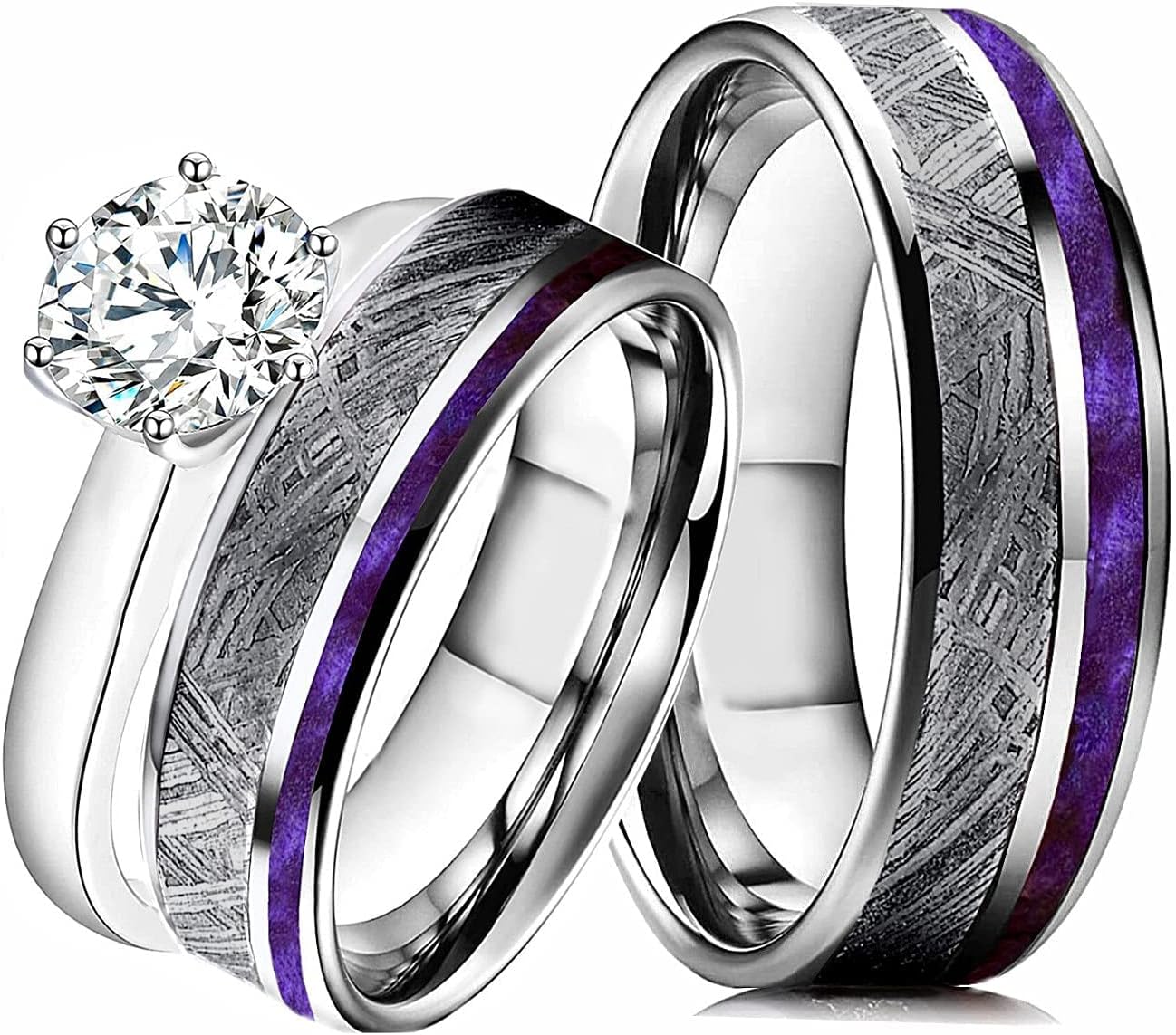 3 Pieces Wedding Engagement Ring Set for Him and Her - Moissanite Engagement Ring for Her – Meteorite Wedding Bands for Him and Her - Ideal for Daily Wear w/ Real Meteorite & Purple Koa Wood Inlay