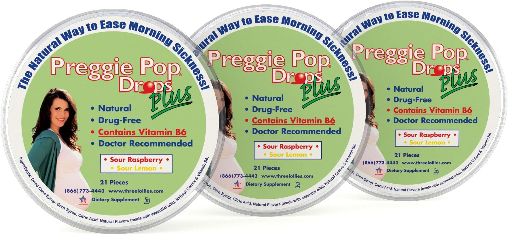 Three Lollies Preggie Pop Drops PLUS with B6 for Morning Sickness Relief, 3 Count