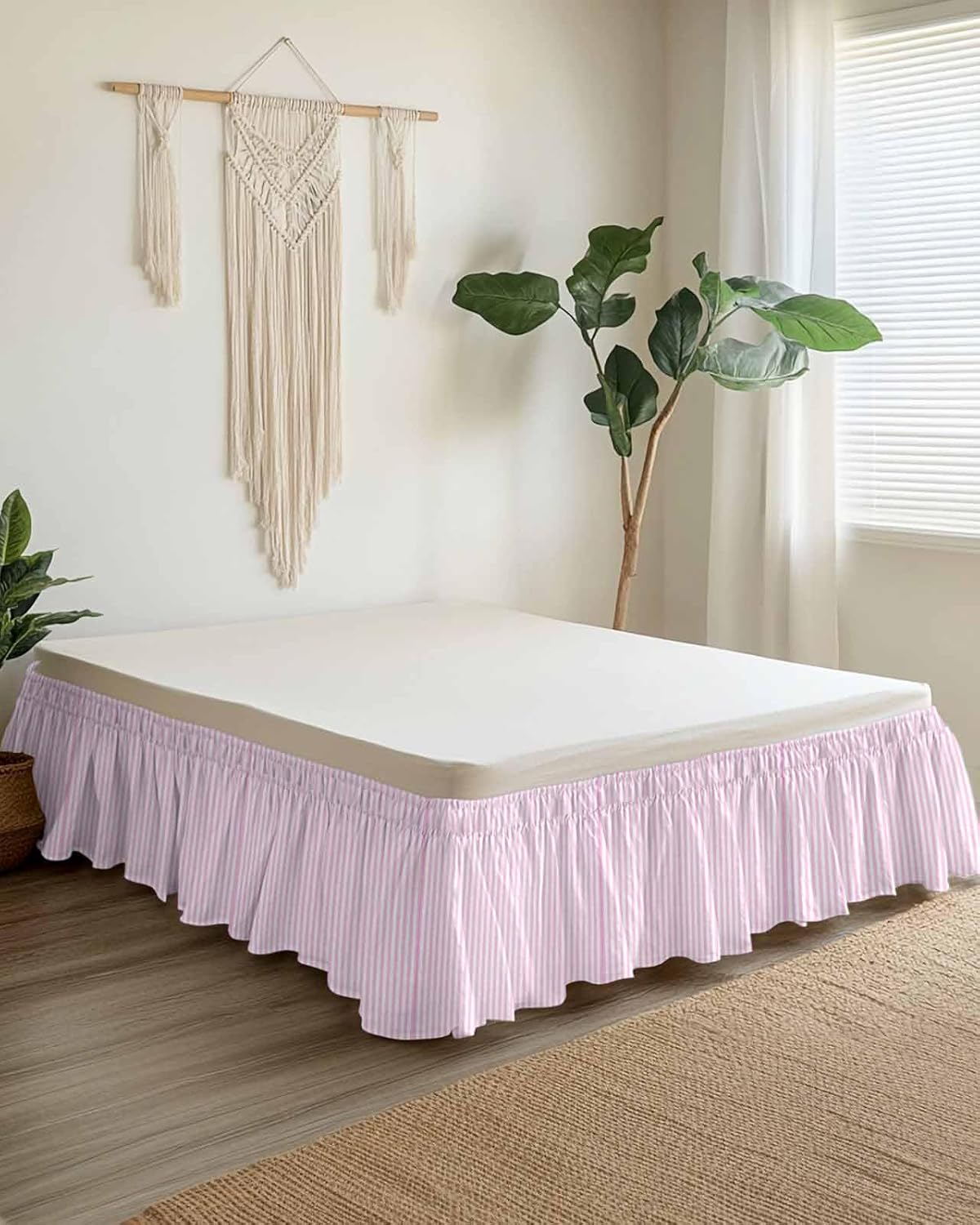Bed Skirt Pink Stripes Bedskirt 18 Inch Drop Classic Vertical Striped Elastic Wrap Around Bed Skirts Dust Ruffle for King Size Bed