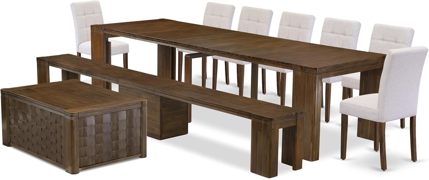 X07AS-BC8-27 10-Pc Dining Set Includes an Extendable Rectangle Kitchen Table, 1 Coffee Table, 7 Polyester Dining Chairs and 1 Modern Bench, 39x120 Inch, Antique Walnut