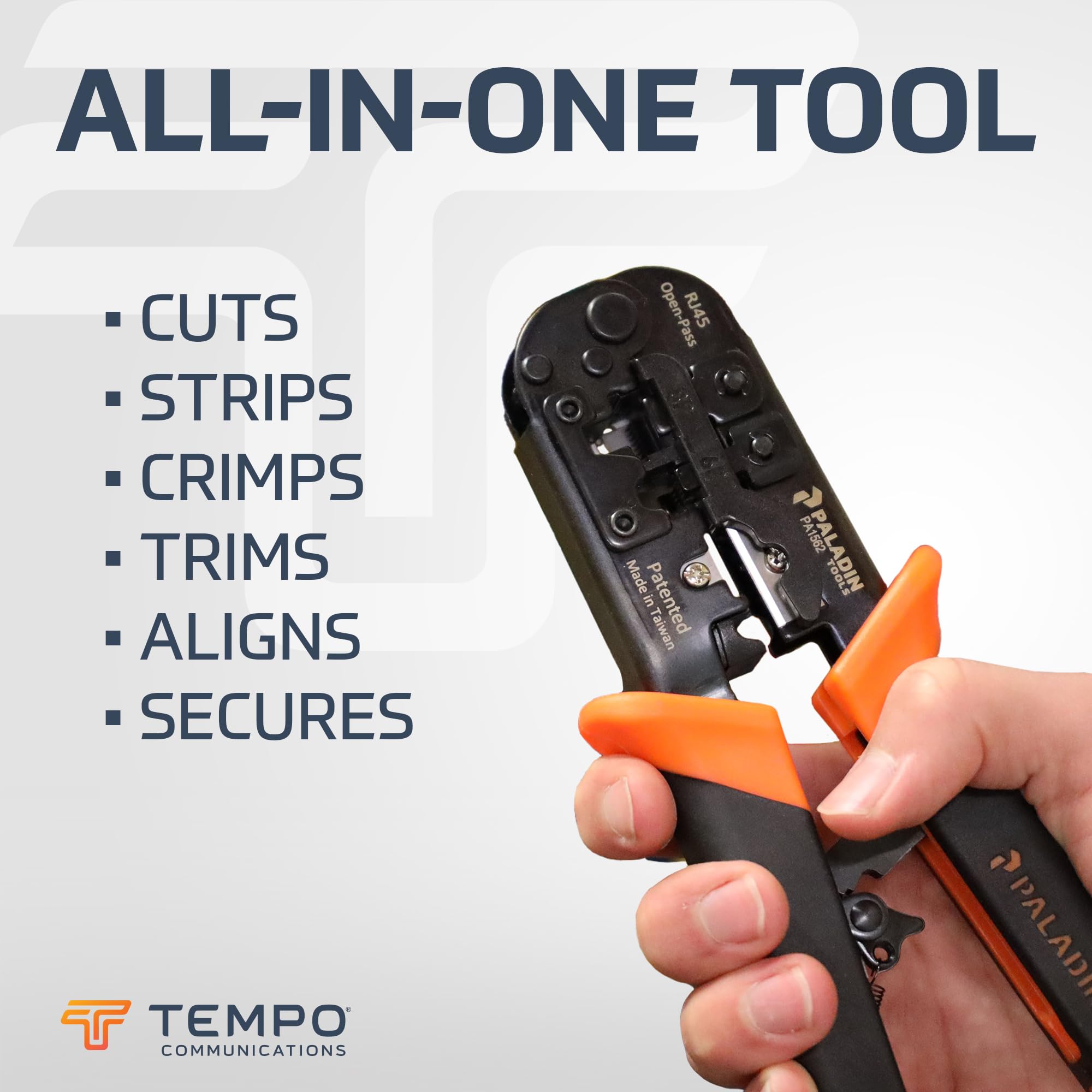Paladin Tools PA1562 Herramienta de crimpado de alambre todo en uno - RJ45, RJ11, RJ22 - Herramienta de crimpado de paso y sin enganches - Cortar, tirar, engarzar