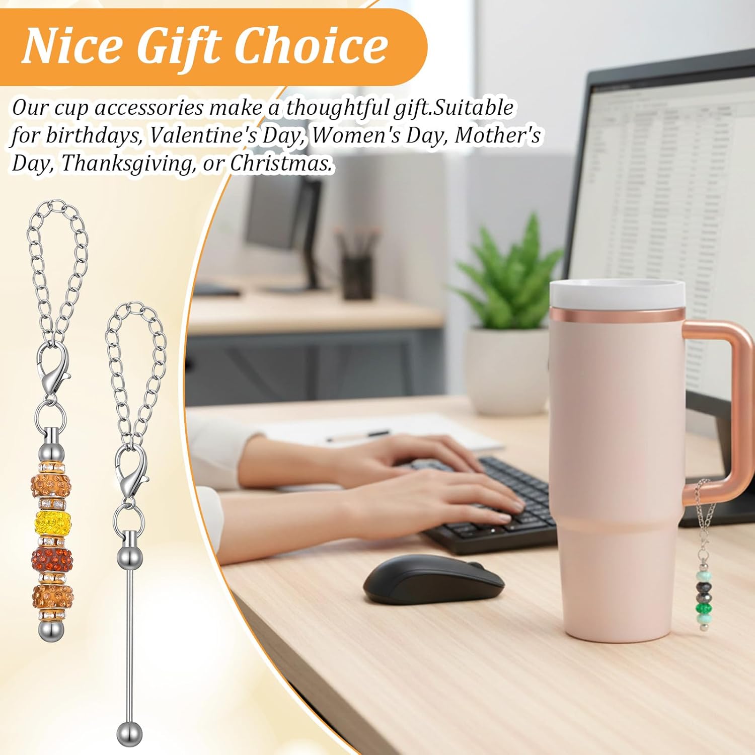48-Pack Beaded Cup Charms for Tumblers, DIY Stainless Steel Keychain Accessories Compatible with Cups, Bulk Bar Chain for Personalized Crafts, Gifts, and Bottle Decor