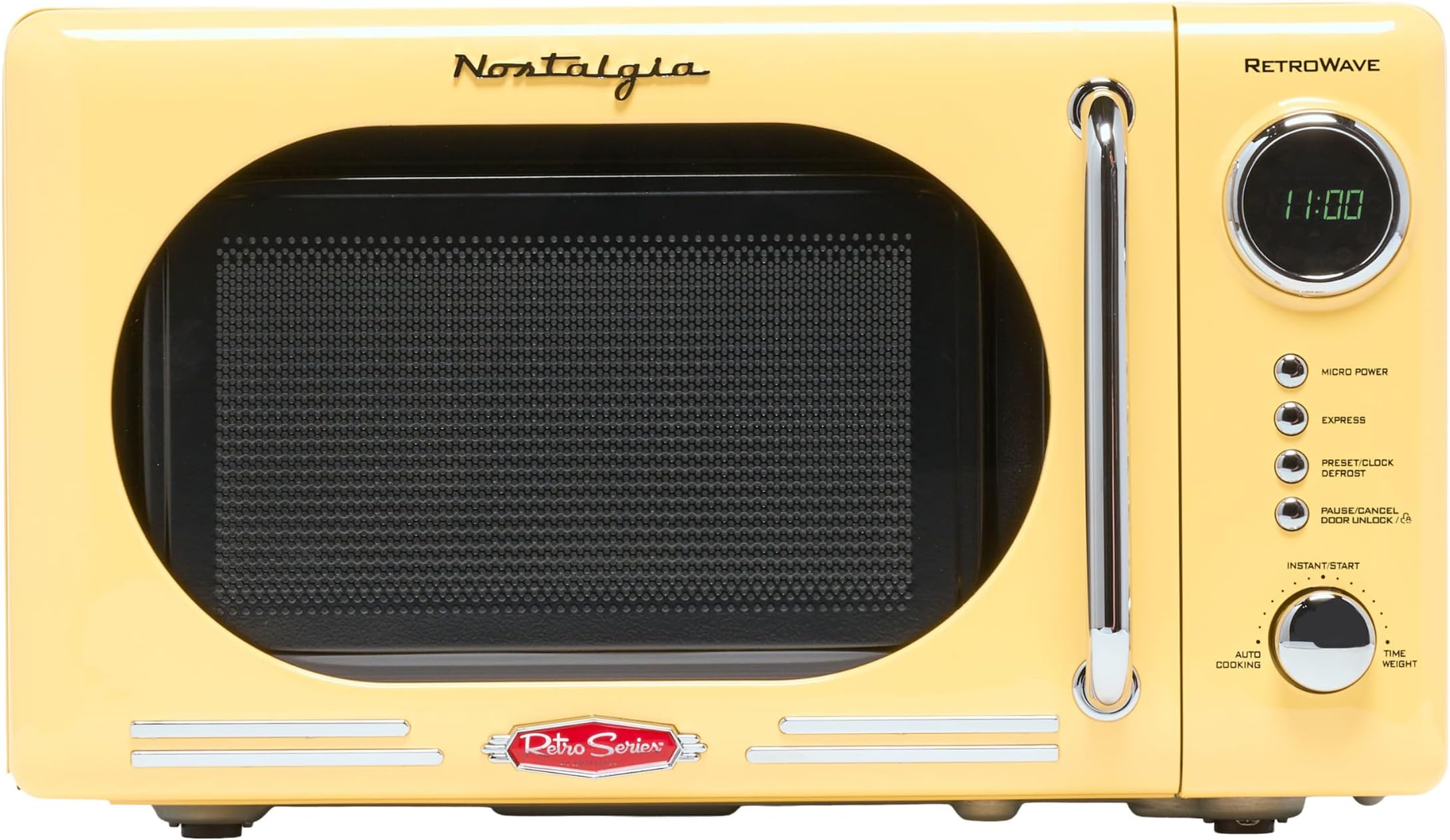 ノスタルジア NRMO7YW6A レトロ コンパクト カウンタートップ 電子レンジ 0.7立方フィート 700ワット LEDデジタルディスプレイ付き チャイルドロック お手入れ簡単 インテリア イエロー