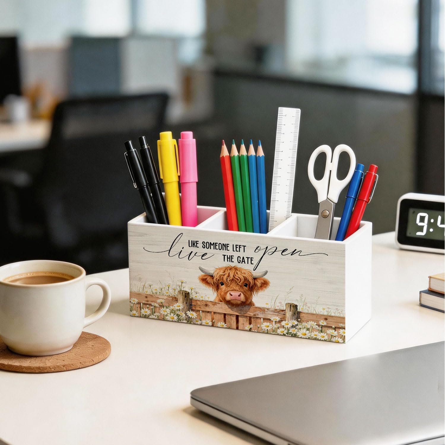 Highland Cow Pen Holder - Inspirational Gifts Pencil Holder Desk Accessories, Highland Cow Gifts for Women Wooden Box Sign Desk Decor image 3