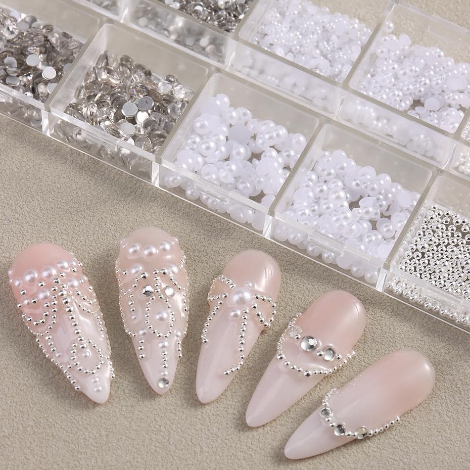 Pearl 3D Nail Charms Rhinestone Silver Beads Multi Design 2Boxes,White Semicircle Pearls Jewelry Silvery Steel Ball Mixed Sizes Nails Decoration,Flatback Diamond Gems Women DIY Nail Ornament