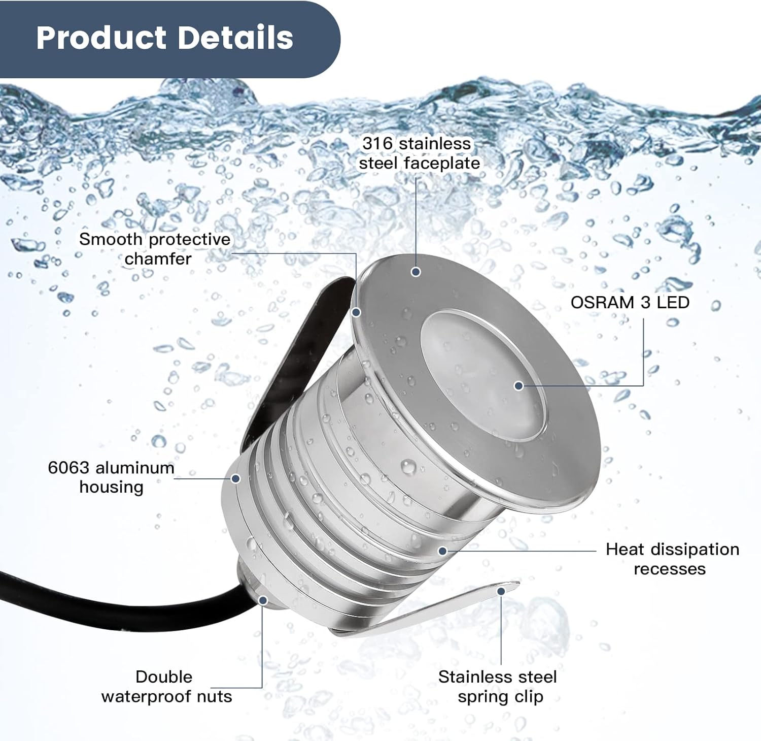 Gardencoin LED Underwater Pool Lights, 12V Micro Low Voltage Submersible Lights, Solid Metal Housing IP68 Ultra Waterproof, Recessed for Pool, Pond, Aquarium and Spa, 6000K Cool White (6-Pack)