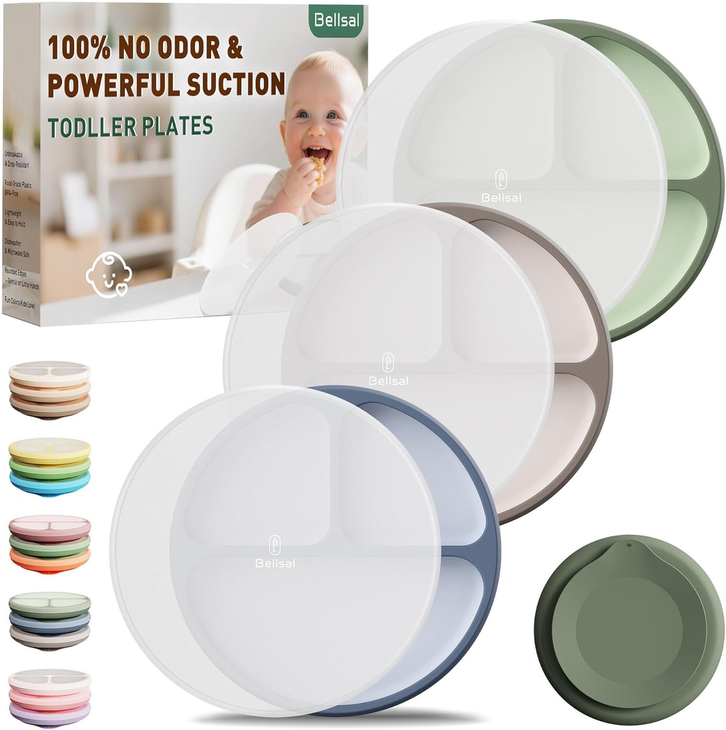 3 Pack Toddler Plates Silicone Divided Suction Plate for Babies Food-Grade Silicone Unbreakable Baby Plate White