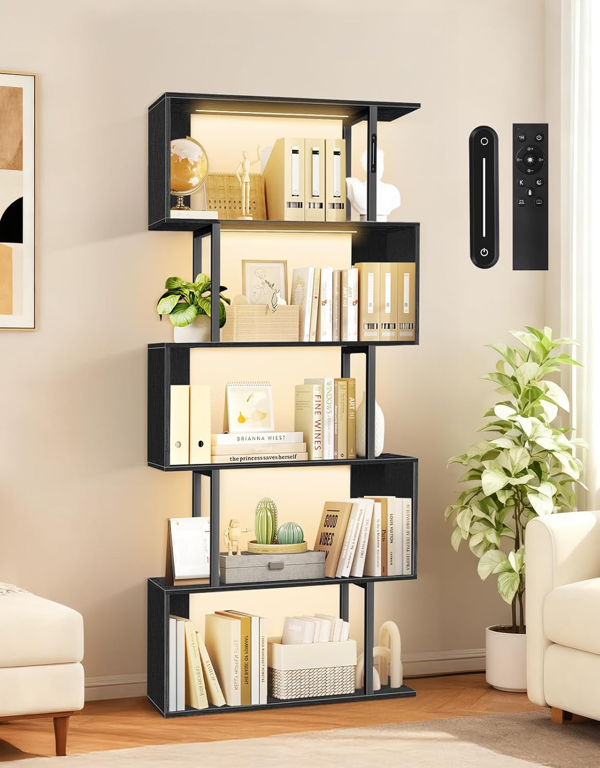5 Tier S-Shaped Geometric Bookshelf with LED Light, 3 Color Temperatures, Touch & Remote Control, Dimmable Standing Bookcase, Small Display Shelf for Living Room, Bedroom, Office