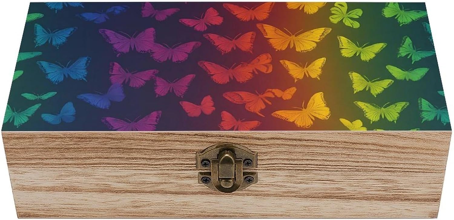 Rainbow Gradient Neon Butterflies Retro Wooden Storage Box Keepsake Jewelry Decorative Art Storages Box Gift Boxs