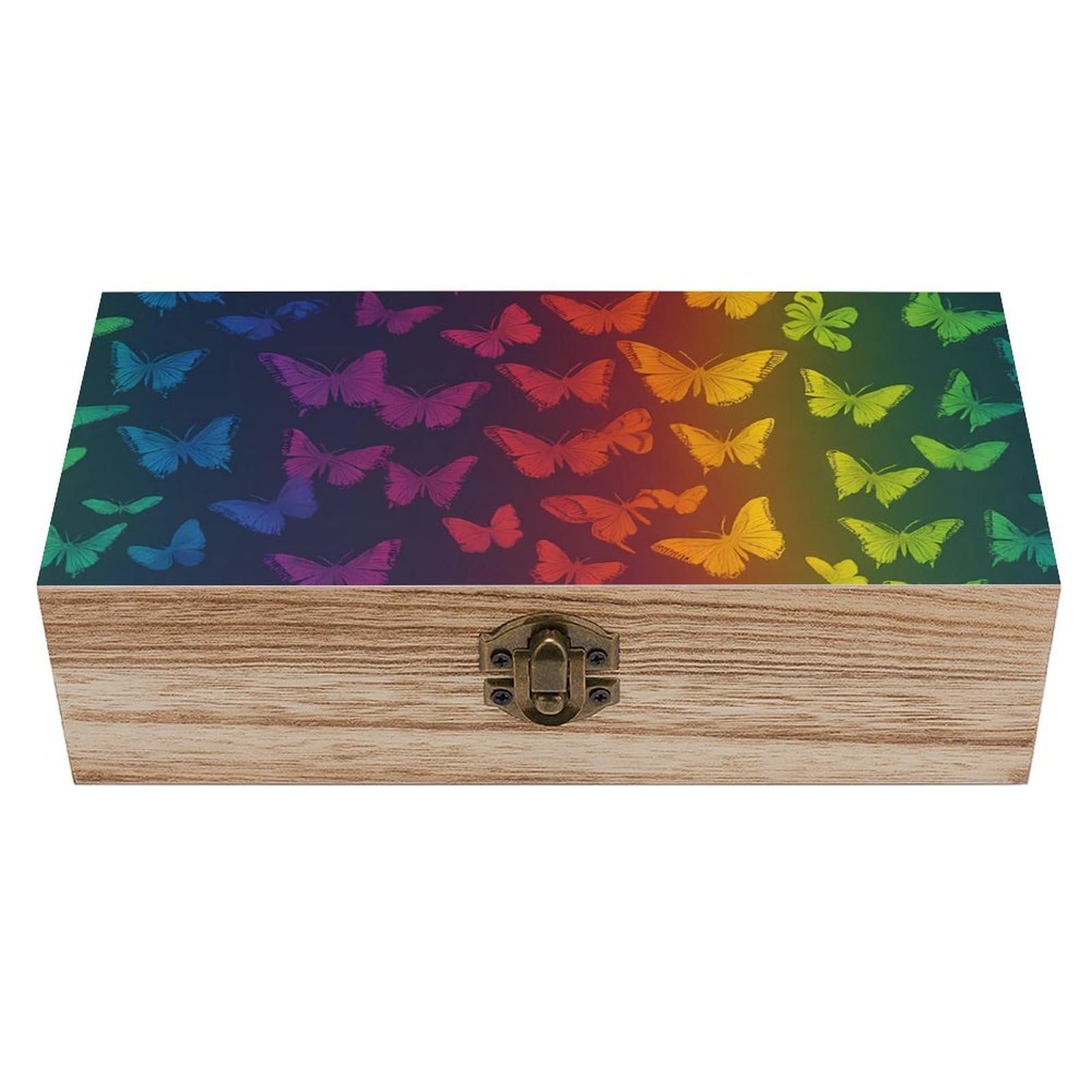 Oudrspo Rainbow Gradient Neon Butterflies Retro Wooden Storage Box Keepsake Jewelry Decorative Art Storages Box Gift Boxs