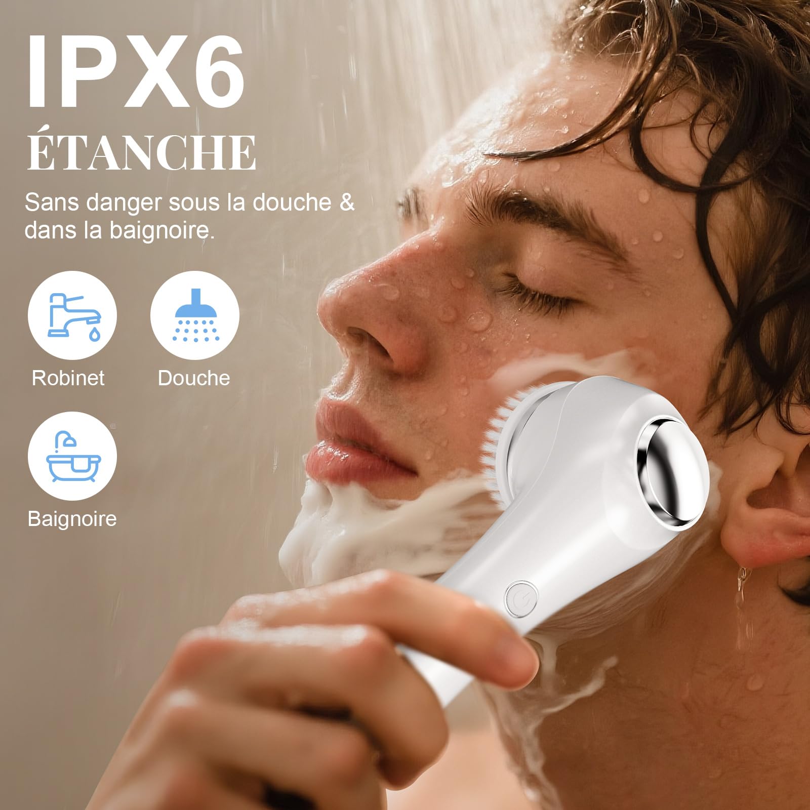 Brosse Nettoyante Visage, 2 en 1 Massage Visage avec EMS Thermique en Brosse Faciale avec 4 Embouts pour Nettoyer Le Visage en Profondeur, IPX6 Résistant à L'eau Adapté à Tous les Types