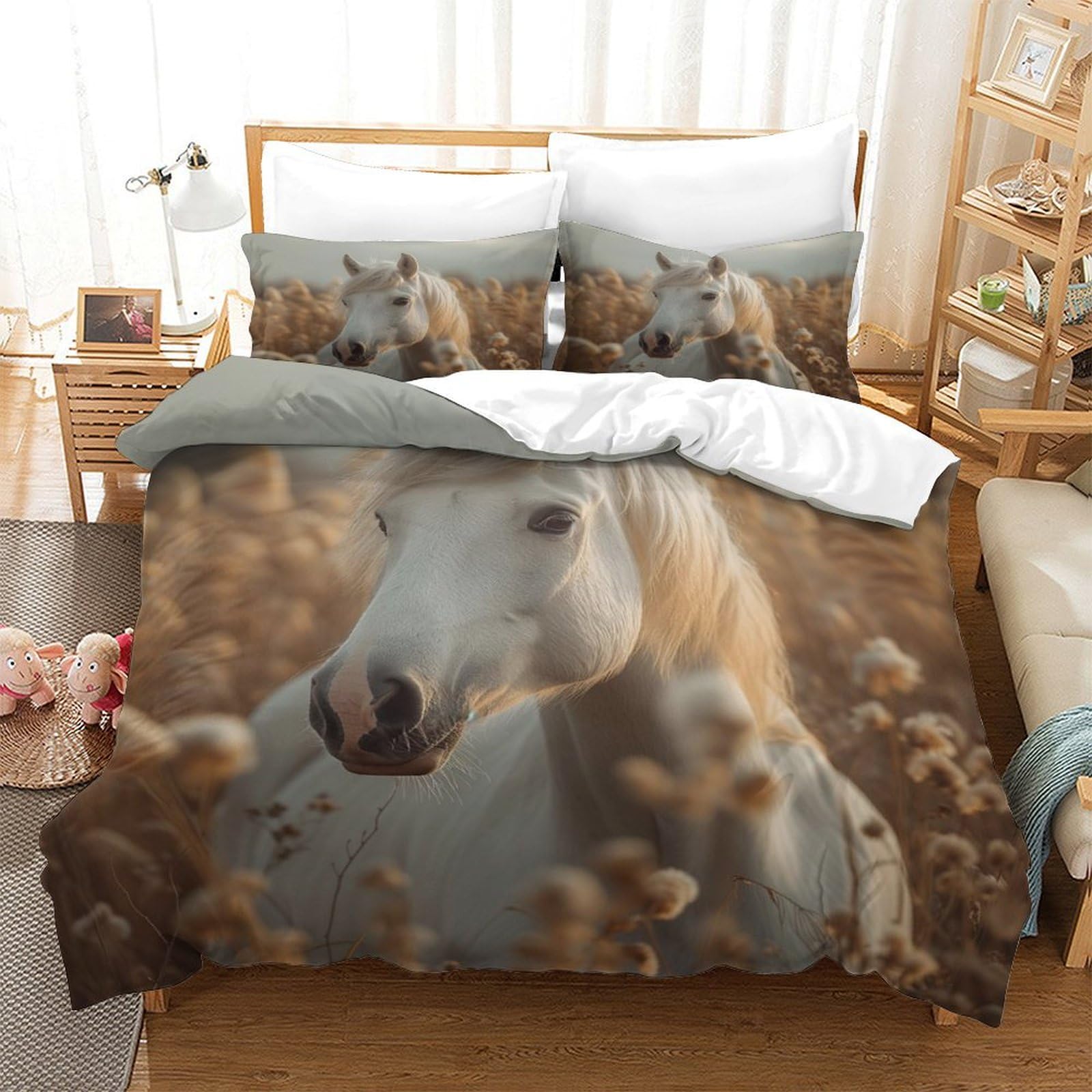 P1S9U7W5Y 3D Printed Horse Theme Duvet Cover Set 3pcs Microfiber Horse Bedding Set Bedroom Decor Single（140x200cm）