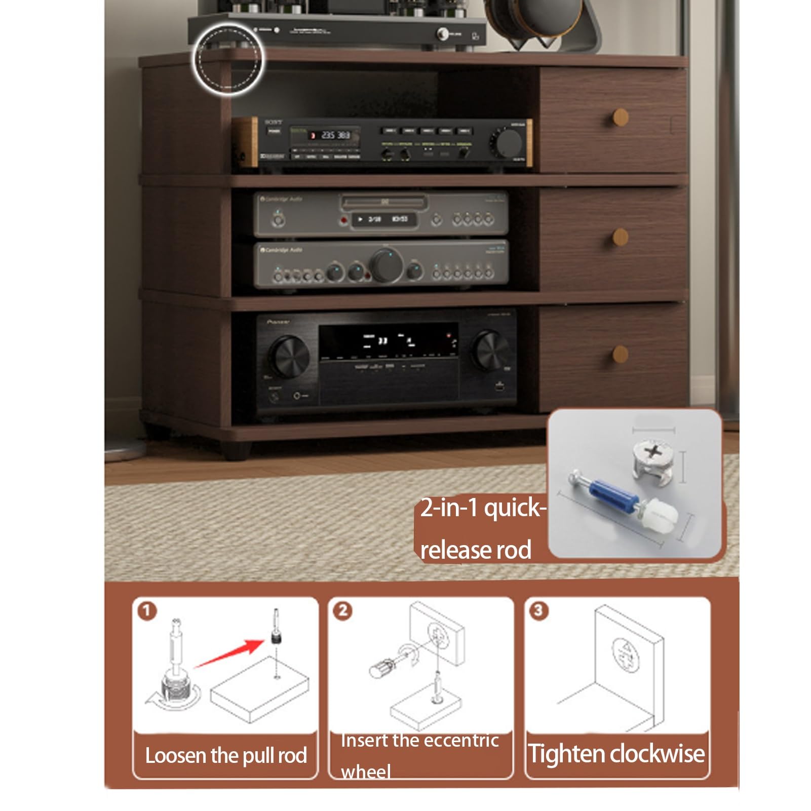 Supporto CD Stereo 4 Livelli Regolabile, Mobile AV con Ripiani Modificabili | Centro di Intrattenimento Marrone Rustico a 4 Livelli, Facile da Montare, for Soggiorno, Camera da Letto(Brown)
