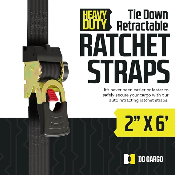DC Cargo - Retractable Ratchet Strap, 2 Pack (2 inch x 6 feet) - Heavy Duty Tie Down Auto Retractable Ratchet Straps - Easy Self Contained Black Ratchet Strap Tie Downs for Trailers, Vehicles, Boat