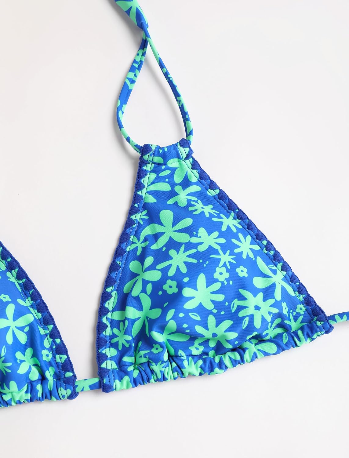  Women Halter Dual Straps Whip Stitch Floral Triangle Bikini Swimsuits | Color Block Whip Stitches Trim, Halter Dual Shoulder Straps, Popular Floral Print, Cheeky Bikini Bottom, Tie Back thumbnail