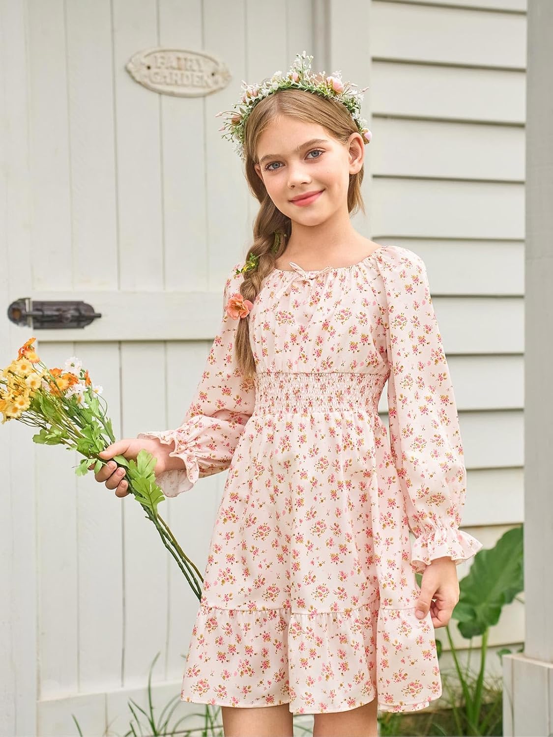 Haloumoning Girls Fall Long Sleeve Floral Dresses Kids Square Neck Smocked Holiday Party Dress 5-14 Years - Image 2