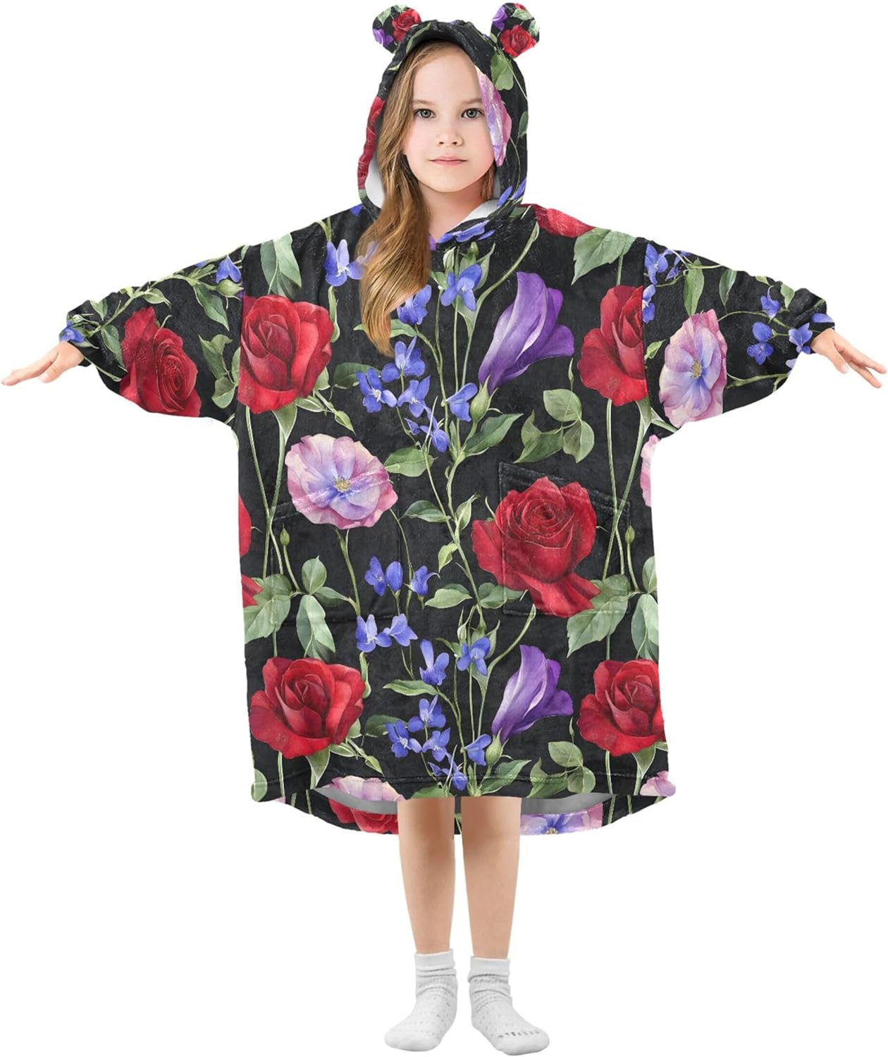 Rose Flowers Kids Wearable Blanket Hoodie with Pocket and Sleeves for Toddlers, Cute Hoodies Girls Boys B0403704