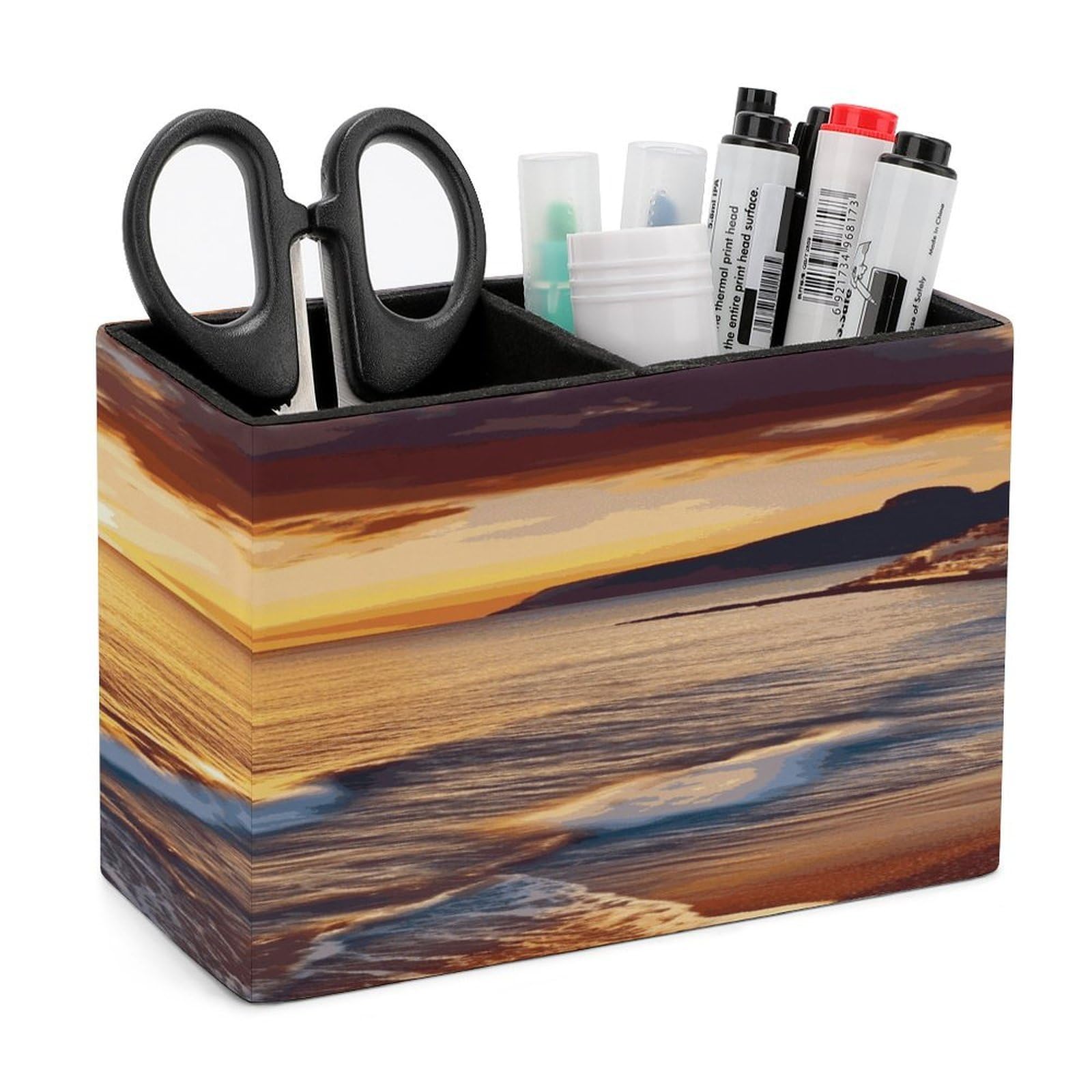 LDGSUPH Seaside Sunset Leather Pen Holder for Desk Organizer Caddy Large Pencil Cup Multi-function Pencil Holder Makeup Brush Holders Pen Organizer for Home Office Storage Box