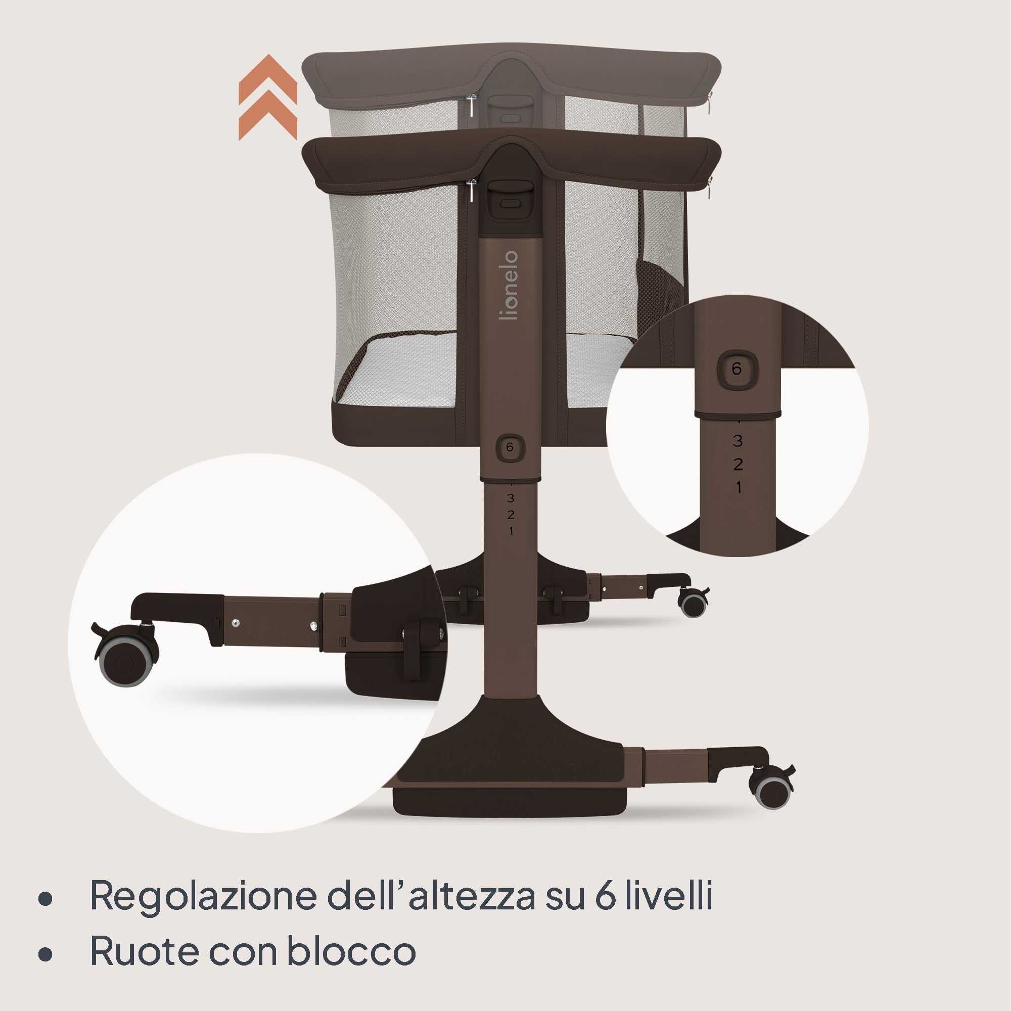 lionelo PARI Culla Co Sleeping Fianco Letto 3 in 1, Regolabile in Altezza 6 Livelli, Materasso T25 2 cm, Ruote con Blocco e Dondolo, Gambe Regolabili per Letto Continentale, Rivestimento Lavabile