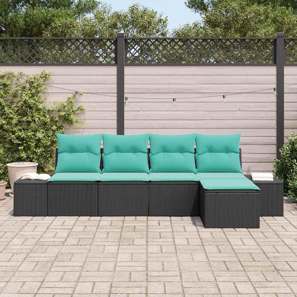 5-Piece Black-Turquoise Modular Garden Sofa Set with Adjustable Coffee-to-Dining Table, UV-Resistant Poly Rattan Patio Furniture Set for Outdoor Backyard Balcony