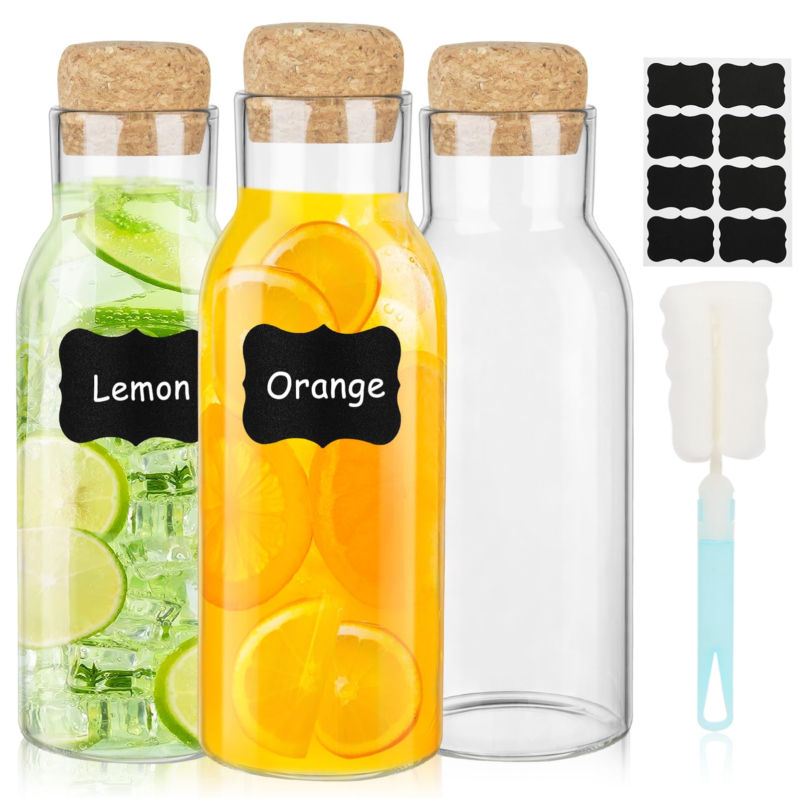 3 Pack Glass Carafe Bottles, 1000ml Glass Bottles with Cork Lid, Glass Water Carafe with lid, Laundry Storage Jars with Stoppers, Clear Glass Bottle for Hot & Cold Beverages, Milk Juice Wine
